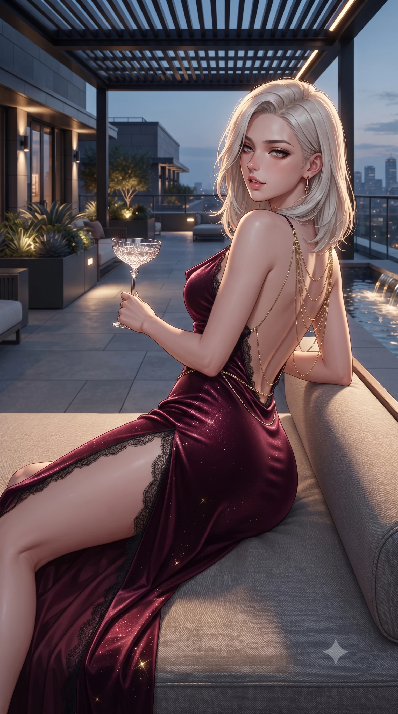 score_9, masterpiece, best quality, ultra-detailed, high-budget anime keyframe, editorial fashion photography, tasteful artistic composition, Caucasian woman. close-up cowboy shot from the waist and thighs up, the character dominates the composition, filling the frame with her large presence. leaning back against the balustrade with relaxed seductive grace, head tilted back slightly while casting a hypnotic, heavy-lidded gaze while lounging in the outdoor cashmere daybed under the heated pergola propped on one elbow, holding a cocktail with effortless cool. The surrounding environment is rendered in vivid detail and crisp panoramic clarity: detailed wet-look velvet romper cling, delicate waist chain shine, and contemporary rooftop terrace engineering in high resolution. She has an exceptionally elegant, slender, and willowy female figure with an ultra-slim waist, flat toned midriff, narrow ribcage, and sculpted feminine hips creating an alluring, slim hourglass silhouette without bulk. sharp v-shaped jawline, high-bridge nose, sparkling eyes with hypnotic seductive depth, thick curled eyelashes, glossy parted lips with a natural dewy peach sheen, alluring bedroom-eyes with an enchanting coquettish smile, exuding magnetic siren charisma and sophisticated glamour, flawlessly proportioned anatomical accuracy, strict slender model proportions, natural body alignment, perfectly sculpted long slender limbs, ultra-slim waistline, clean dynamic posture without body distortion. wearing a plunging cowl-neck liquid silk satin slip gown with daring hip-high double slits and delicate back ties in deep bordeaux velvet and delicate black chantilly, woven from stretch metallic lurex jersey casting radiant starlight glints across her silhouette, accented with an open-back drape framed by falling strands of delicate gold chains, the precision-cut side openings and low-back scoop framing her graceful spine and the sensual sweep of her slim, toned hips. illuminated by tub water caustics and sharp warm-gold rim lights defining her delicate clavicles, ultra-slim waist, and curvy hips. ultra-reflective glossy finish, specular highlights, rich textural contrasts, high-contrast stereoscopic depth, volumetric dynamic lighting, 2k, ultra detail, master piece, 9:16 ratio