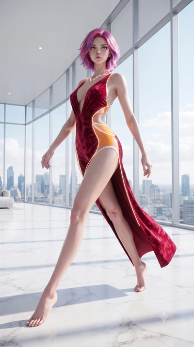 score_9, masterpiece, best quality, ultra-detailed, high-budget anime keyframe, editorial fashion photography, tasteful artistic composition, Caucasian woman. low angle full-body shot from head to toe showing her feet, filling the entire 9:16 vertica
