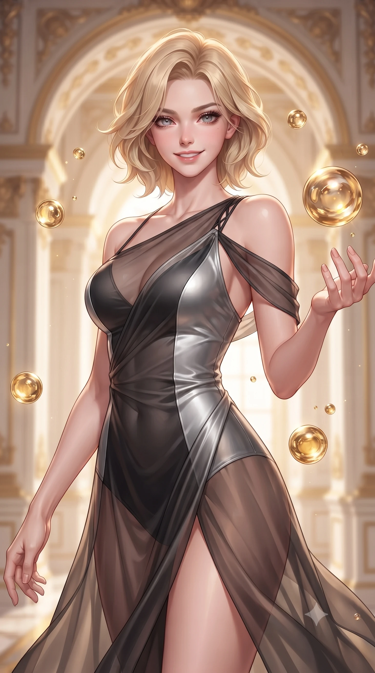 score_9, masterpiece, best quality, ultra-detailed, high-budget anime keyframe, editorial fashion photography, tasteful artistic composition, Caucasian woman. close-up cowboy shot from the waist and thighs up, the character dominates the composition, filling the frame with her large presence, background elements kept in soft focus. Smiling with quiet, magnetic self-assurance directly into the lens interacting with floating golden water Orbs in a cloudtop palace court, opulent gold-leaf trim and carved ivory archways framed beautifully. She has an exceptionally elegant, slender, and willowy female figure with an ultra-slim waist, a gracefully sculpted slender torso, and a refined silhouette. sharp v-shaped jawline, high-bridge nose, intricate jewel-like eyes with depth, thick eyelashes, glossy lips with a natural sheen. wearing a semi-opaque sheer overlay dress over a leather micro-bodysuit in matte black and polished silver, crafted from lustrous satin jersey with fluid draping, complemented by criss-cross back straps highlighting her bare shoulders, the tailored fabric tightly following every curve of her athletic build. bathed in glorious golden hour sunbeams and warm rose-gold ambient light. highly saturated vibrant anime colors, detailed shading with soft gradients, rich glossy textures, high-contrast stereoscopic depth, volumetric dynamic lighting, master piece, 9:16 ratio