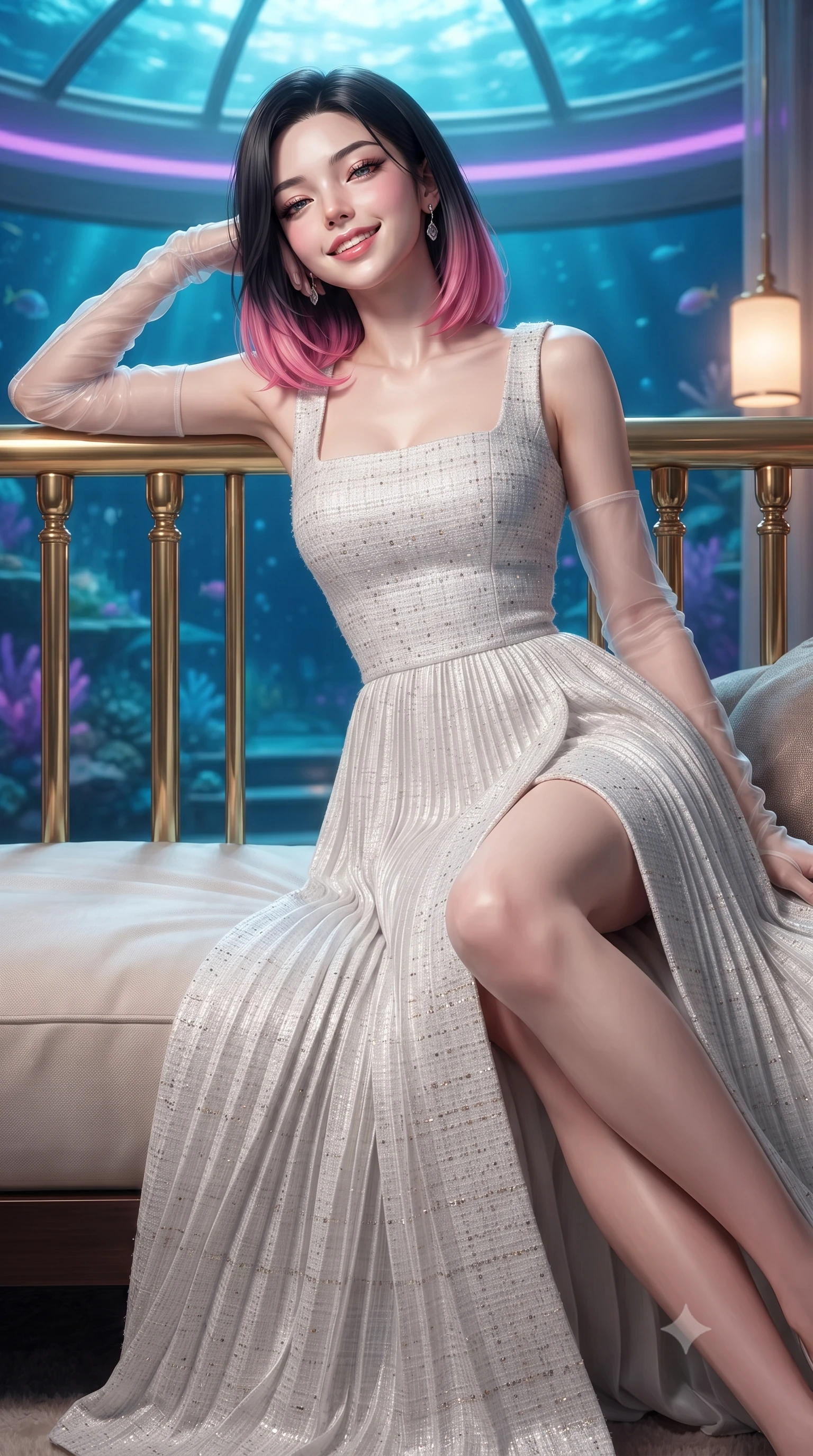 score_9, masterpiece, best quality, ultra-detailed, high-budget anime keyframe, editorial fashion photography, tasteful artistic composition, Korean woman. close-up cowboy shot from the waist and thighs up, the character dominates the composition, filling the frame with her large presence. leaning back against the balustrade with relaxed seductive grace, head tilted back slightly while casting a hypnotic, heavy-lidded gaze while reclining gracefully across the king-size daybed propped on one elbow with legs extended, displaying her long slender limbs and statuesque hourglass silhouette in the deep. The surrounding environment is rendered in vivid detail and crisp panoramic clarity: detailed garment lines, wet cling or bodycon fit, and cutting-edge marine architectural engineering in razor-sharp precision. She has an exceptionally elegant, slender, and willowy female figure with an ultra-slim waist, flat toned midriff, narrow ribcage, and sculpted feminine hips creating an alluring, slim hourglass silhouette without bulk. sharp v-shaped jawline, high-bridge nose, intricate jewel-like sparkling eyes with depth, thick eyelashes, glossy parted lips with a natural peach sheen, bright cheerful beaming smile with an enchanting and coquettish sensual glint, exuding both youthful cute charm and seductive allure, flawlessly proportioned anatomical accuracy, strict slender model proportions, natural body alignment, perfectly sculpted long slender limbs, ultra-slim waistline, clean dynamic posture without body distortion. wearing a classical Prague empire-line pleated moiré evening gown with modest square neckline in pure translucent crystal white and liquid platinum, woven from structured British tweed with subtle metallic flecks, complemented by sheer opera-length evening gloves tracing her slender arms, the bespoke structured tailoring following the natural line of her 8.5-heads silhouette with refined elegance. bathed in underwater reef cyan-and-violet LEDs shining through the glass dome combined with warm 2600K interior bedside pendant lamps. ultra-reflective glossy finish, specular highlights, rich textural contrasts, high-contrast stereoscopic depth, volumetric dynamic lighting, 2k, ultra detail, master piece, 9:16 ratio