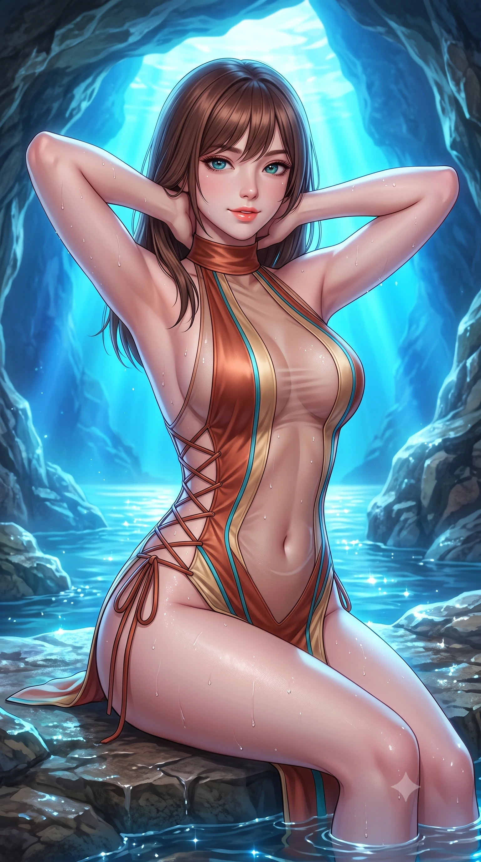 score_9, masterpiece, best quality, ultra-detailed, high-budget anime keyframe, semi-realistic 3D game render, editorial fashion photography, tasteful artistic composition, Korean woman. close-up cowboy shot from the waist and thighs up, the character dominates the composition, filling the frame with her large presence. resting both hands lightly behind her neck with elbows raised, arching her spine to highlight her narrow waist, flat midriff, and breathtaking collarbones while sitting on the submerged limestone rock ledge inside the luminous sea cave, arching her back with breathtaking sea-nymph siren grace. The surrounding environment is rendered in vivid detail and crisp panoramic clarity: detailed second-skin wet-look swimwear, water droplet beads on skin, and natural sea cavern geology in high resolution. She has an exceptionally elegant, slender, and willowy female figure with an ultra-slim waist, flat toned midriff, narrow ribcage, and sculpted feminine hips creating an alluring, slim hourglass silhouette without bulk. sharp v-shaped jawline, high-bridge nose, sparkling eyes with hypnotic seductive depth, thick curled eyelashes, glossy parted lips with a natural dewy peach sheen, alluring bedroom-eyes with an enchanting coquettish smile, exuding magnetic siren charisma and sophisticated glamour, flawlessly proportioned anatomical accuracy, strict slender model proportions, natural body alignment, perfectly sculpted long slender limbs, ultra-slim waistline, clean dynamic posture without body distortion. wearing a provocative high-neck sheer illusion beach coverup with liquid satin ribbons contouring her curves in terracotta rust and desert sand gold with turquoise accents, woven from buttery-soft stretch lambskin leather adhering to her body like a second skin, featuring fine criss-cross lace-up side ties revealing tantalizing glimpses of her hip curve, the precision-cut side openings and low-back scoop framing her graceful spine and the sensual sweep of her slim, toned hips. bathed in ethereal glowing cobalt-and-cyan light radiating upward through the submerged cave opening. highly saturated vibrant anime colors, detailed shading with soft gradients, rich glossy textures, high-contrast stereoscopic depth, volumetric dynamic lighting, master piece, 9:16 ratio
