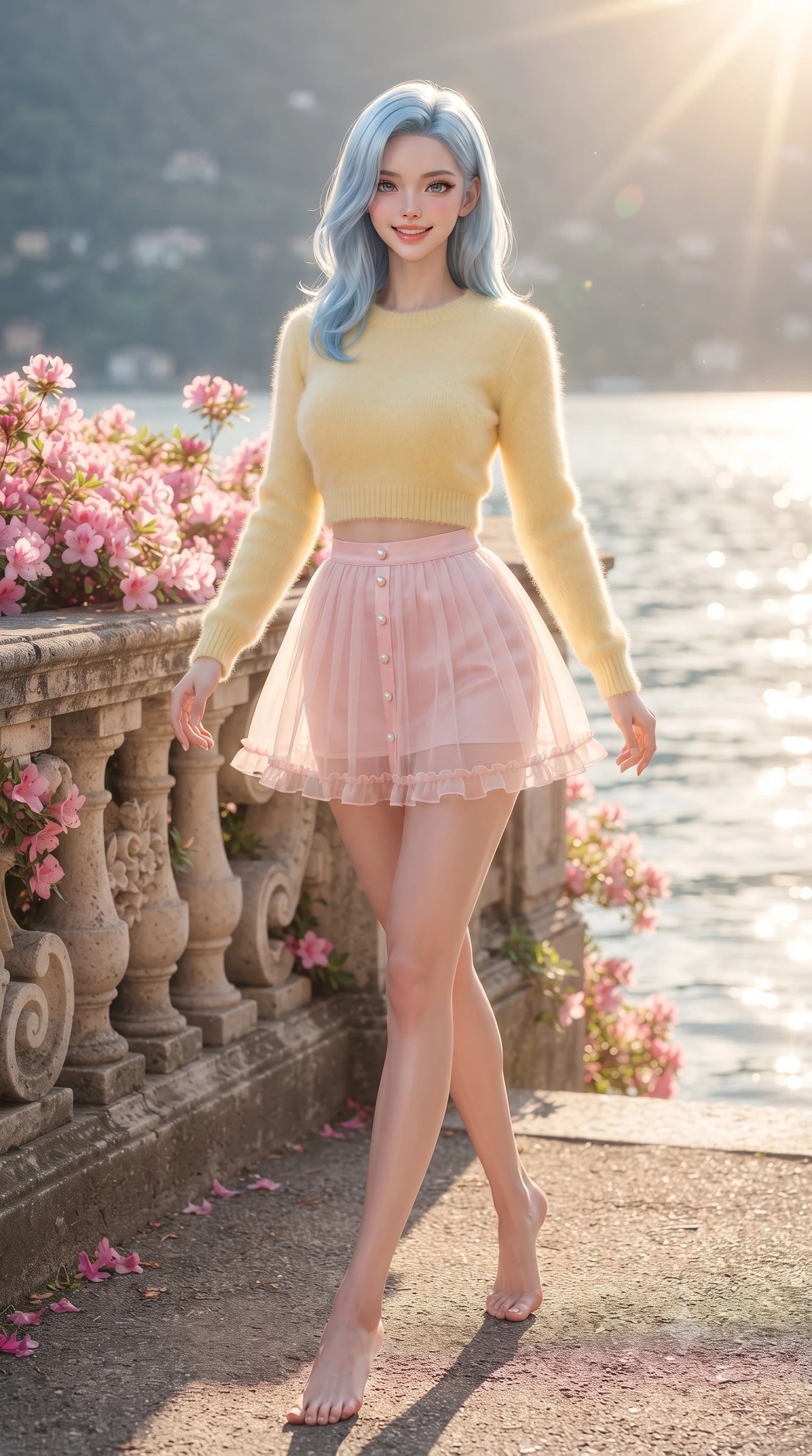 score_9, masterpiece, best quality, ultra-detailed, high-budget anime keyframe, editorial fashion photography, tasteful artistic composition, Korean woman. low angle full-body shot from head to toe showing her feet, filling the entire 9:16 vertical frame with her statuesque presence, stretching her vertical silhouette. stepping forward gracefully in mid-motion with a radiant beaming smile, hips swaying in an alluring kinetic rhythm that accentuates her curvy hourglass silhouette and long slender legs while standing beside the classical stone balustrade draped in blooming pink azaleas, arching her back as golden sunlight illuminates the crystal lake. The surrounding environment is rendered in vivid detail and crisp panoramic clarity. sharp classical stone balustrade carvings, azalea petal venation, and lake water caustics in deep focus. She has an exceptionally tall and slender model-like 8.5-heads proportion, an ultra-slim waist, a flat toned midriff, narrow delicate ribcage, and beautifully sculpted feminine hips creating a graceful, slim hourglass silhouette without any bulky heaviness, with impossibly long slender legs. sharp v-shaped jawline, high-bridge nose, intricate jewel-like sparkling eyes with depth, thick eyelashes, glossy parted lips with a natural peach sheen, bright cheerful beaming smile with an enchanting and coquettish sensual glint, exuding both youthful cute charm and seductive allure, flawlessly proportioned anatomical accuracy, strict slender model proportions, natural body alignment, perfectly sculpted long slender limbs, ultra-slim waistline, clean dynamic posture without body distortion. wearing a soft angora crop knit sweater with a sheer pleated organza mini skirt over an opaque silk slip in sweet strawberry milk pink and butter yellow, crafted from soft cozy cashmere yarn with an airy drape, finished with subtle ruffle trims and delicate pearl buttons, the glove-like silhouette tightly following the natural contour of her hips and long slender legs with youthful 8.5-heads elegance. bathed in breathtaking golden hour afternoon Italian sunlight streaming across the lake. ultra-reflective glossy finish, specular highlights, rich textural contrasts, high-contrast stereoscopic depth, volumetric dynamic lighting, 2k, ultra detail, master piece, 9:16 ratio