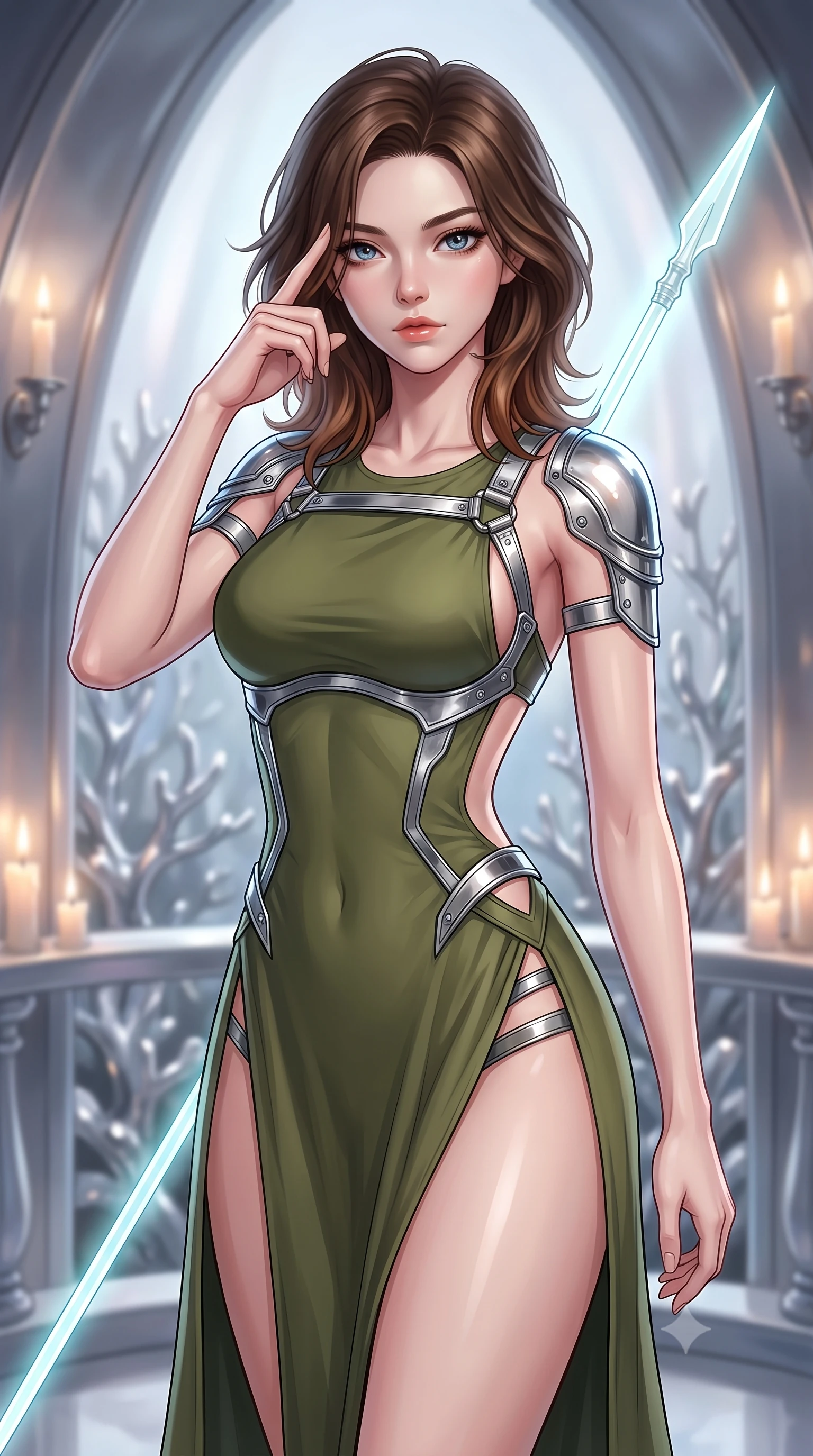 score_9, masterpiece, best quality, ultra-detailed, high-budget anime keyframe, editorial fashion photography, tasteful artistic composition, Korean woman. close-up cowboy shot from the waist and thighs up, the character dominates the composition, filling the frame with her large presence, background elements kept in soft focus. pressing two fingers to her temple while holding a light-spear diagonally behind her in a composed thoughtful gesture, the background shows a soft-focus a pearl dome balcony facing a forest of reflective silver corals in soft focus. She has an exceptionally elegant, slender, and willowy female figure with an ultra-slim waist, a gracefully sculpted slender torso, and a refined silhouette. sharp v-shaped jawline, high-bridge nose, intricate jewel-like eyes with depth, thick eyelashes, glossy lips with a natural sheen. wearing a tailored dramatic open-back maxi combat dress in olive green, featuring a high thigh slit and chrome straps. soft flickering candle glow reflecting on polished chrome walls and her skin. highly saturated vibrant anime colors, detailed shading with soft gradients, rich glossy textures, high-contrast stereoscopic depth, volumetric dynamic lighting, master piece, 9:16 ratio
