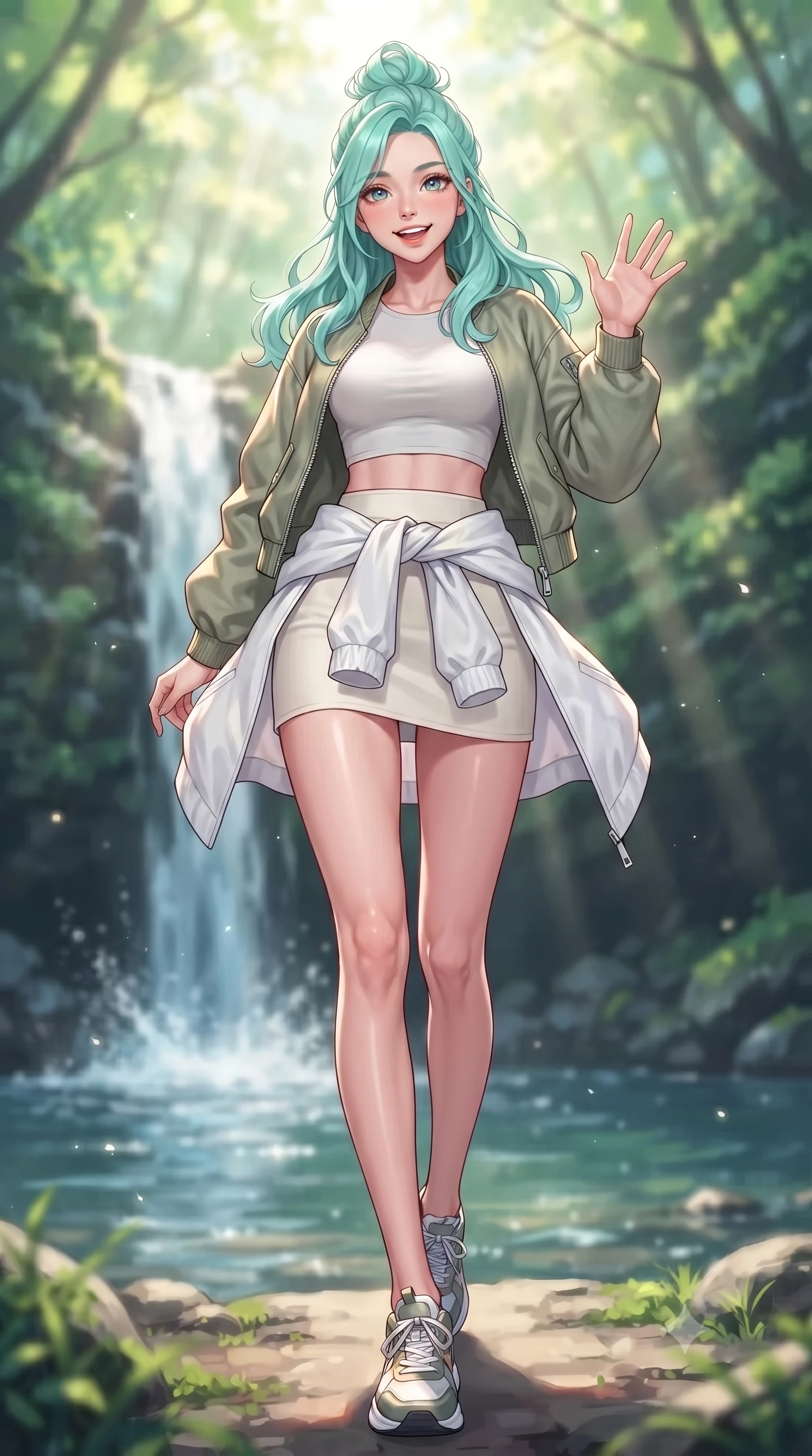 score_9, masterpiece, best quality, ultra-detailed, high-budget anime keyframe, editorial fashion photography, tasteful artistic composition, Japanese woman. low angle full-body shot from head to toe showing her feet, filling the entire 9:16 vertical frame with her statuesque presence, stretching her vertical silhouette. stepping forward with a bright, cheerful smile, waving happily at the viewer set against a soft-focus background of near a beautiful forest waterfall with clean water splashing into a pool carrying a light windbreaker jacket tied around her waist. She has an absolutely perfect, statuesque 8.5-heads proportion, an exceptionally tall and slender model-like female figure with impossibly long slender legs and an ultra-slim waist. sharp v-shaped jawline, high-bridge nose, intricate jewel-like eyes with depth, thick eyelashes, glossy lips with a natural sheen. wearing slim-fit modern crop top shirt paired with a mini skirt and an unzipped light bomber jacket. volumetric sunbeams creating beautiful light shafts through the tree branches. highly saturated vibrant anime colors, detailed shading with soft gradients, rich glossy textures, high-contrast stereoscopic depth, volumetric dynamic lighting, master piece, 9:16 ratio