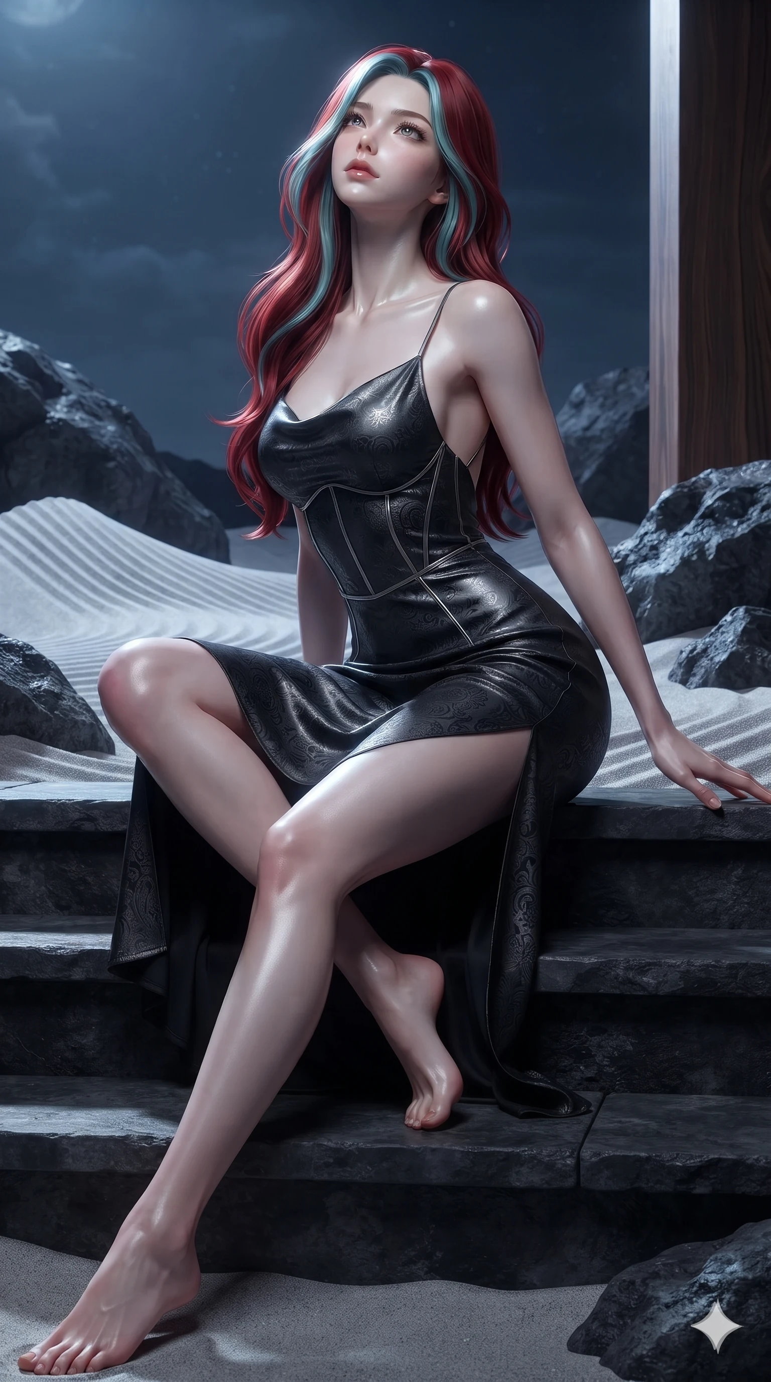 score_9, masterpiece, best quality, ultra-detailed, high-budget anime keyframe, editorial fashion photography, tasteful artistic composition, Caucasian woman. low angle full-body shot from head to toe showing her feet, filling the entire 9:16 vertical frame with her statuesque presence, stretching her vertical silhouette. sitting poised on the dark stone steps with one knee bent, arching her spine with supermodel elegance as she glances upward through thick eyelashes while twisting her slender torso in an alluring contrapposto stance, cool full-moon beams tracing her flat midriff and curvy hips. The surrounding environment is rendered in vivid detail and crisp panoramic clarity: sharp raked sand ridge crests, rough volcanic boulder surfaces, and polished cypress wood grain in deep focus. She has an absolutely perfect, statuesque 8.5-heads proportion, an exceptionally tall and slender model-like female figure with impossibly long slender legs, an ultra-slim waist, a flat toned midriff, narrow delicate ribcage, and beautifully sculpted feminine hips creating a graceful, slim hourglass silhouette without any bulky heaviness. sharp v-shaped jawline, high-bridge nose, intricate jewel-like dark sparkling eyes with hypnotic seductive depth, thick curled eyelashes, glossy parted lips with a natural wine sheen, alluring bedroom-eyes with an enigmatic smoldering smile, exuding magnetic sovereign charisma and dark avant-garde glamour, flawlessly proportioned anatomical accuracy, strict slender model proportions, natural body alignment, perfectly sculpted long slender limbs, ultra-slim waistline, clean dynamic posture without body distortion. wearing a form-contouring gossamer silk chiffon slip dress with hip-high slit and open cowl back clinging with mist in pure obsidian monochrome with subtle metallic sheen, tailored from rich silk jacquard with subtle embossed baroque patterns, finished with metallic silver boning and sleek zipper points, accentuating her gracefully sculpted slender torso and statuesque proportions. illuminated by moonlit sand ripple bounce and sharp silver-topaz rim lights defining her razor-sharp jawline, narrow waist, and curvy hips. ultra-reflective glossy finish, specular highlights, metallic sheen, high-contrast stereoscopic depth, volumetric dynamic lighting, 2k, ultra detail, master piece, 9:16 ratio