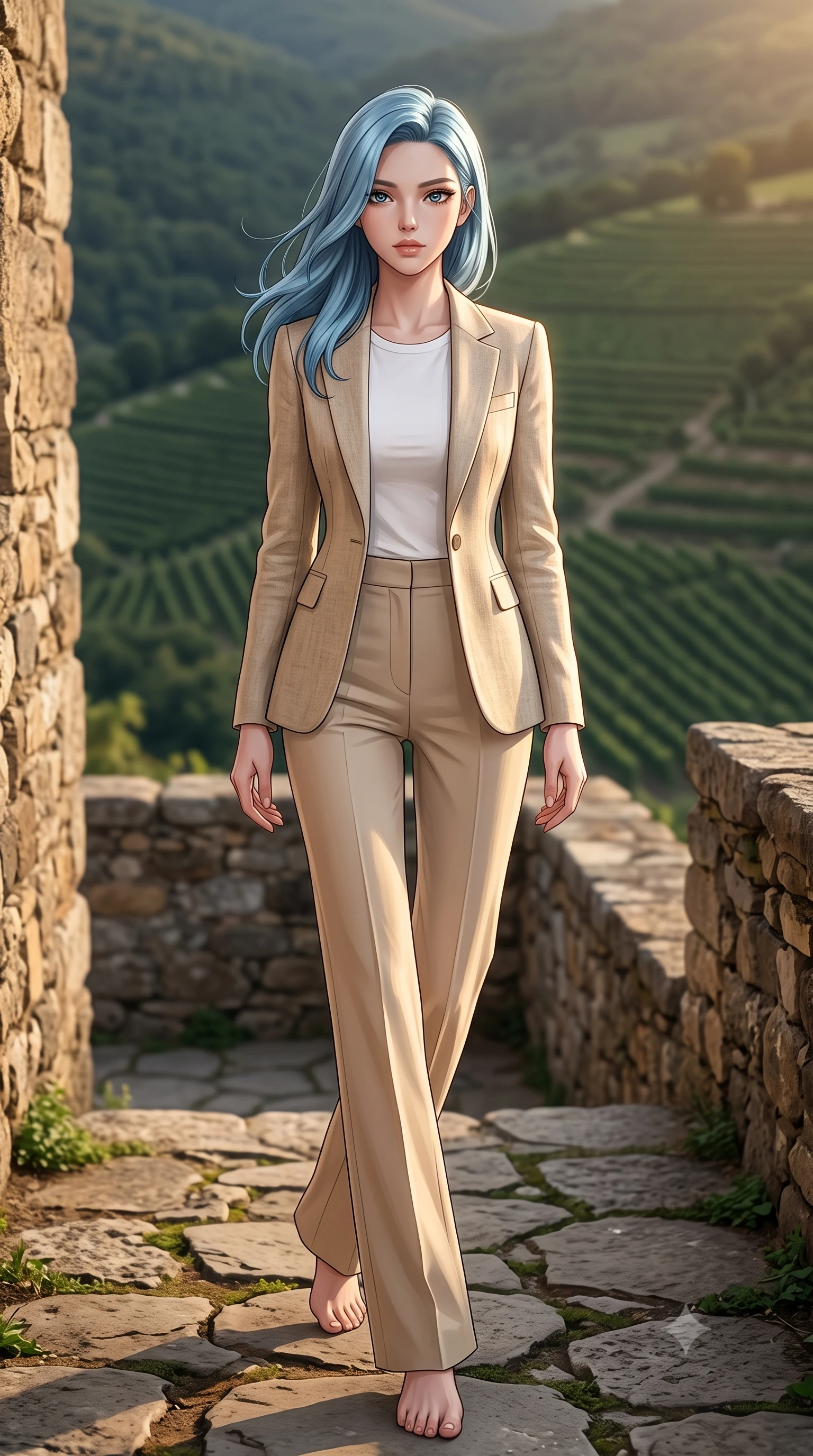 score_9, masterpiece, best quality, ultra-detailed, high-budget anime keyframe, editorial fashion photography, tasteful artistic composition, Korean woman woman. low angle full-body shot from head to toe showing her feet, filling the entire 9:16 vertical frame with her statuesque presence, stretching her vertical silhouette. stepping gracefully across a stone path in the garden the background shows a soft-focus a stone terrace of an old castle, looking down at a vast valley of green vineyards. She has an absolutely perfect, statuesque 8.5-heads proportion, an exceptionally tall and slender model-like female figure with impossibly long slender legs and an ultra-slim waist. sharp v-shaped jawline, high-bridge nose, intricate jewel-like eyes with depth, thick eyelashes, glossy lips with a natural sheen. wearing a body-hugging tailored linen blazer in oatmeal, paired with a white cotton crewneck top and beige wide-leg trousers. late afternoon sun casting a majestic golden glow over the stone walls. 2k, ultra detail, master piece, 9:16 ratio