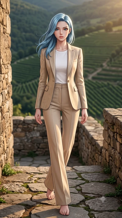 score_9, masterpiece, best quality, ultra-detailed, high-budget anime keyframe, editorial fashion photography, tasteful artistic composition, Korean woman woman. low angle full-body shot from head to toe showing her feet, filling the entire 9:16 vert