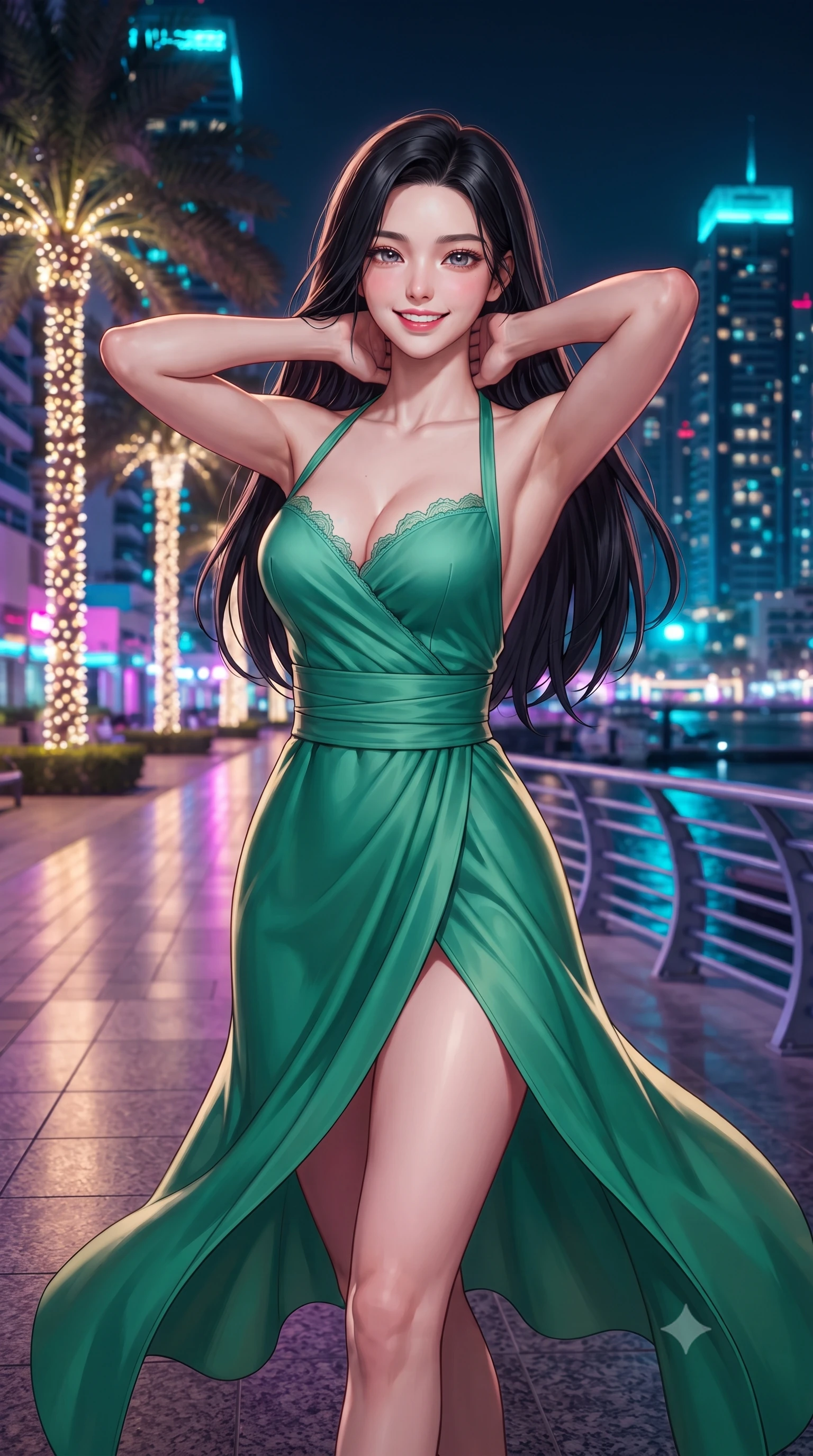 score_9, masterpiece, best quality, ultra-detailed, high-budget anime keyframe, editorial fashion photography, tasteful artistic composition, Korean woman. close-up cowboy shot from the waist and thighs up, the character dominates the composition, filling the frame with her large presence. resting both hands lightly behind her neck with elbows raised, arching her spine to highlight her narrow waist, flat midriff, and breathtaking collarbones while striding dynamically along the polished granite waterfront boardwalk, hips swaying with supermodel rhythm as her high-slit gown catches the breeze. The background shows a soft-focus palm trees wrapped in micro-lights softened in ultra-modern metropolis shallow focus. She has an exceptionally elegant, slender, and willowy female figure with an ultra-slim waist, flat toned midriff, narrow ribcage, and sculpted feminine hips creating an alluring, slim hourglass silhouette without bulk. sharp v-shaped jawline, high-bridge nose, intricate jewel-like sparkling eyes with depth, thick eyelashes, glossy parted lips with a natural peach sheen, bright cheerful beaming smile with an enchanting and coquettish sensual glint, exuding both youthful cute charm and seductive allure, flawlessly proportioned anatomical accuracy, strict slender model proportions, natural body alignment, perfectly sculpted long slender limbs, ultra-slim waistline, clean dynamic posture without body distortion. wearing a backless Japanese silk robe-inspired cocktail dress slipping gracefully off bare shoulders with a cinched obi belt in Hakone bamboo jade green and warm hinoki cedar, made of fluid liquid jersey with seamless sculpting hold and smooth contours, finished with scalloped eyelash lace trim framing her sweetheart neckline with intimate elegance, the high-slit wrap tailoring accentuating her ultra-slim waistline and the enchanting curve of her feminine hips with alluring seductive charm. bathed in intense saturated cyan, magenta, and gold neon architectural facade lighting reflecting in dark marina water. ultra-reflective glossy finish, specular highlights, rich textural contrasts, high-contrast stereoscopic depth, volumetric dynamic lighting, 2k, ultra detail, master piece, 9:16 ratio