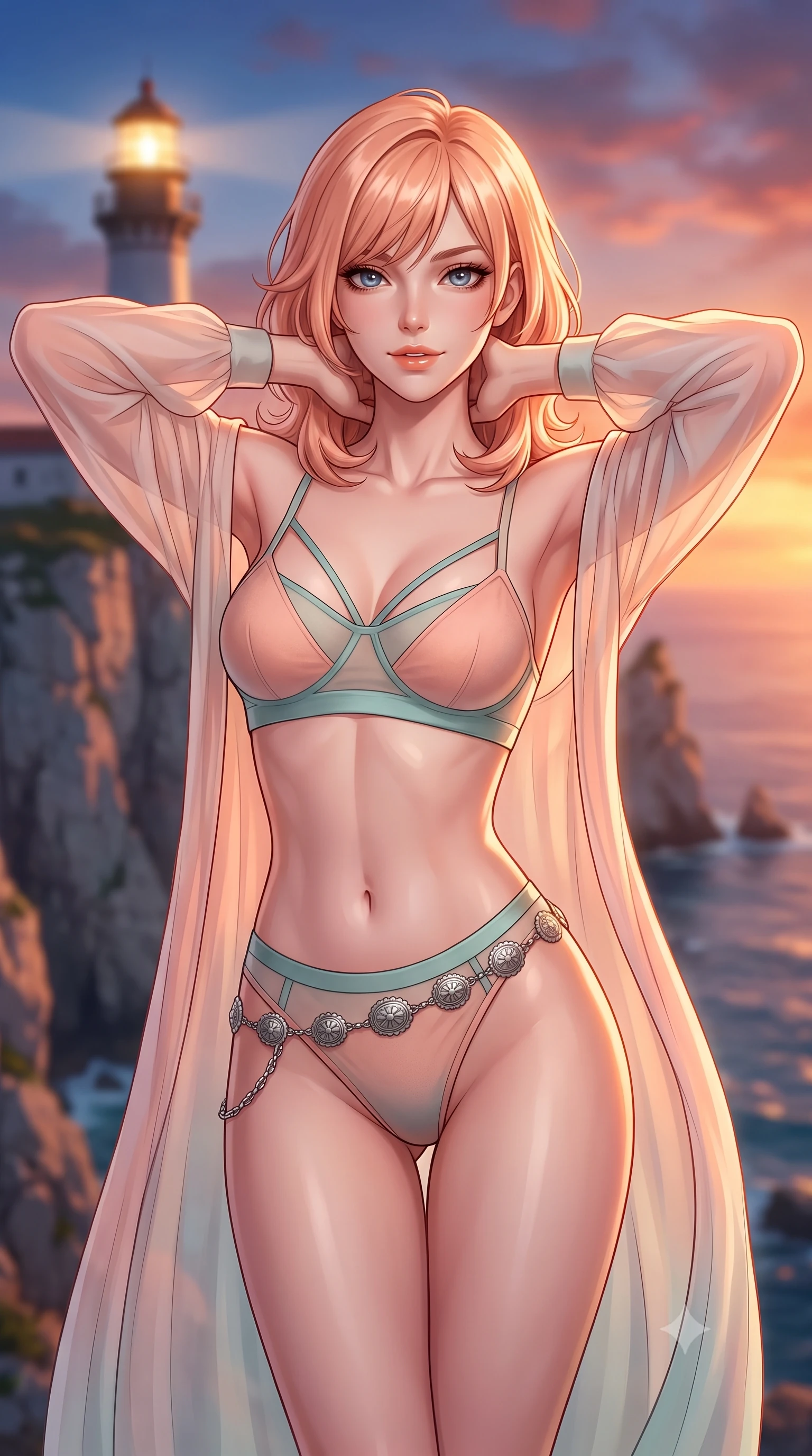 score_9, masterpiece, best quality, ultra-detailed, high-budget anime keyframe, semi-realistic 3D game render, editorial fashion photography, tasteful artistic composition, Japanese woman. close-up cowboy shot from the waist and thighs up, the character dominates the composition, filling the frame with her large presence. resting both hands lightly behind her neck with elbows raised, arching her spine to highlight her narrow waist, flat midriff, and breathtaking collarbones while twisting her slender torso in an alluring S-curve, fiery sunset rays tracing her form-fitting outfit and curvy hips. The background shows a soft-focus towering jagged limestone sea cliffs plunging into the Mediterranean, the glowing lighthouse lantern, and fiery sky blurred into cobalt, copper, and rose-gold bokeh. She has an exceptionally elegant, slender, and willowy female figure with an ultra-slim waist, flat toned midriff, narrow ribcage, and sculpted feminine hips creating an alluring, slim hourglass silhouette without bulk. sharp v-shaped jawline, high-bridge nose, sparkling eyes with hypnotic seductive depth, thick curled eyelashes, glossy parted lips with a natural dewy peach sheen, alluring bedroom-eyes with an enchanting coquettish smile, exuding magnetic siren charisma and sophisticated glamour, flawlessly proportioned anatomical accuracy, strict slender model proportions, natural body alignment, perfectly sculpted long slender limbs, ultra-slim waistline, clean dynamic posture without body distortion. wearing a delicate sheer chiffon western duster robe slipping off bare shoulders over a matching strappy suede bralette in pastel peach blossom and Aegean seafoam green, made of semi-opaque stretch illusion mesh with soft shadowy contours, accented with an intricate silver concho waist chain resting loosely on her curvy hips, the second-skin tailored fabric adhering flawlessly to her sculpted flat midriff and slender torso, emphasizing her long leg lines and perfectly proportioned willowy build. illuminated by open ocean reflection fill and sharp warm-gold rim lights sculpting her razor-sharp jawline, flat midriff, and curvy hips. highly saturated vibrant anime colors, detailed shading with soft gradients, rich glossy textures, high-contrast stereoscopic depth, volumetric dynamic lighting, master piece, 9:16 ratio