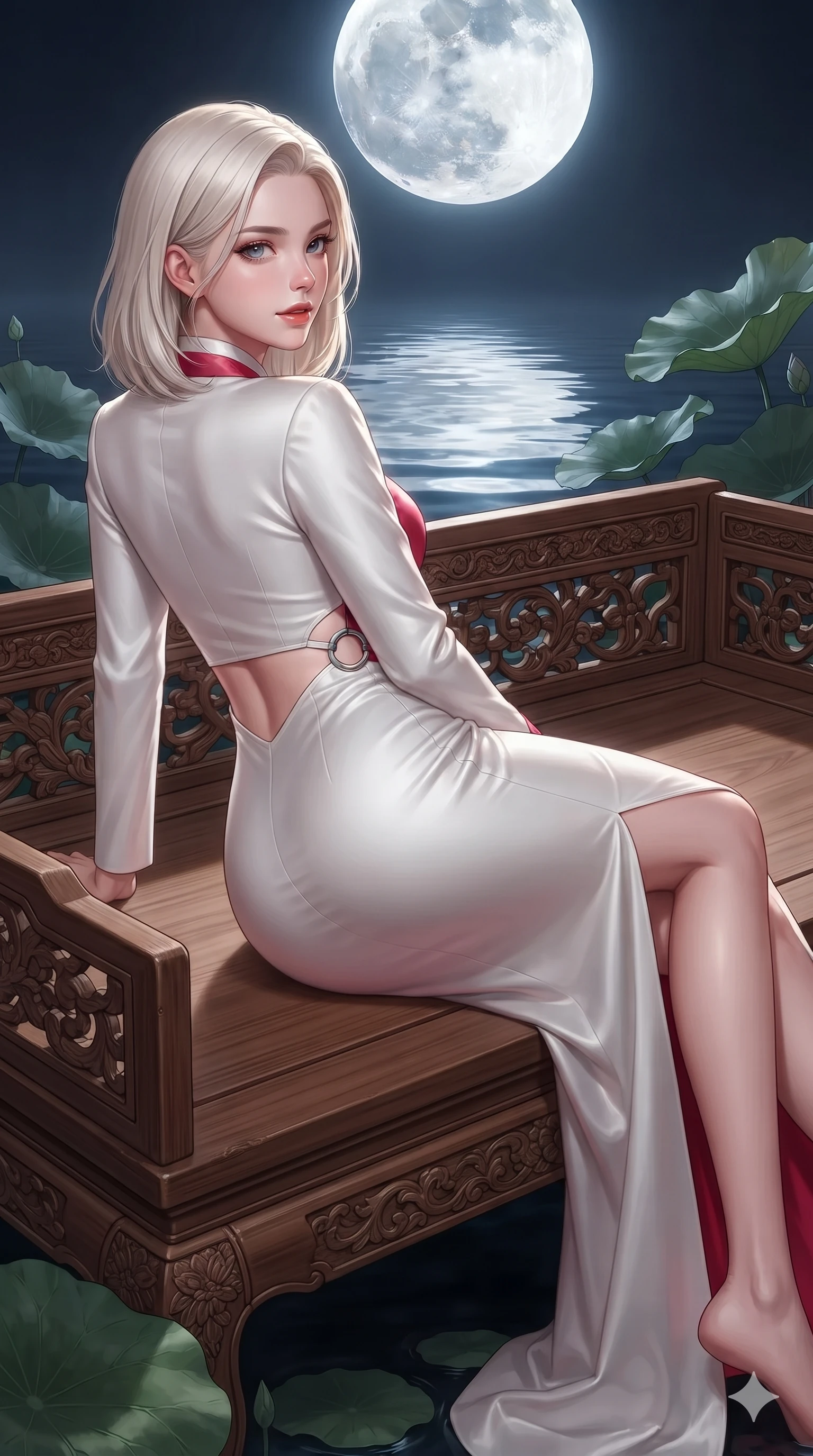 score_9, masterpiece, best quality, ultra-detailed, high-budget anime keyframe, editorial fashion photography, tasteful artistic composition, Caucasian woman. close-up cowboy shot from the waist and thighs up, the character dominates the composition, filling the frame with her large presence. posing in an alluring rear three-quarter angle, looking over a bare shoulder with parted glossy lips, her hips cocked back to highlight her slim hourglass curve while reclining gracefully across the carved teak daybed with one leg extended, her sculpted silhouette and flat midriff radiating nocturnal serenity. The surrounding environment is rendered in vivid detail and crisp panoramic clarity: sharp carved wood grain texture, water ripple reflections of the full moon, and crisp lotus leaf veins in deep focus. She has an exceptionally elegant, slender, and willowy female figure with an ultra-slim waist, flat toned midriff, narrow ribcage, and sculpted feminine hips creating an alluring, slim hourglass silhouette without bulk. sharp v-shaped jawline, high-bridge nose, sparkling eyes with hypnotic seductive depth, thick curled eyelashes, glossy parted lips with a natural dewy peach sheen, alluring bedroom-eyes with an enchanting coquettish smile, exuding magnetic siren charisma and sophisticated glamour, flawlessly proportioned anatomical accuracy, strict slender model proportions, natural body alignment, perfectly sculpted long slender limbs, ultra-slim waistline, clean dynamic posture without body distortion. wearing a tailored silk faille evening gown with traditional curved dongjeong collar and tailored sleeves in pure snow white and vivid cherry blossom crimson, tailored from smooth liquid silk satin with a natural dewy moonlight sheen, accented with sculptural chrome hardware rings framing the subtle cutouts, the impeccably tailored cut draping gracefully along her slender figure with aristocratic eastern poise. bathed in pure silver moonlight cascading directly from the harvest full moon above. ultra-reflective glossy finish, specular highlights, rich textural contrasts, high-contrast stereoscopic depth, volumetric dynamic lighting, 2k, ultra detail, master piece, 9:16 ratio