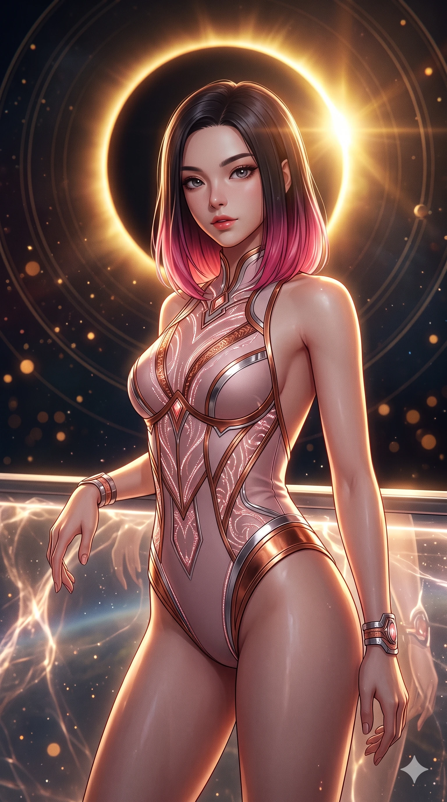 score_9, masterpiece, best quality, ultra-detailed, high-budget anime keyframe, semi-realistic 3D game render, editorial fashion photography, tasteful artistic composition, Korean woman. close-up cowboy shot from the waist and thighs up, the character dominates the composition, filling the frame with her large presence. leaning forward while arching her lower back to accentuate her curvy hips, looking into the camera with an intoxicating smoldering gaze and bedroom-eyes while leaning against the plasma-shielded balustrade with hips cocked back, gazing through the diamond ring eclipse flare into the black void with intoxicated smoldering bedroom-eyes. The background shows a soft-focus blinding golden solar corona flare around the black moon silhouette, concentric glowing orbital rings, and distant starfield blurred into gold, amber, and onyx bokeh. She has an exceptionally elegant, slender, and willowy female figure with an ultra-slim waist, flat toned midriff, narrow ribcage, and sculpted feminine hips creating an alluring, slim hourglass silhouette without bulk. sharp v-shaped jawline, high-bridge nose, intricate jewel-like sparkling eyes with depth, thick eyelashes, glossy parted lips with a natural peach sheen, bright cheerful beaming smile with an enchanting and coquettish sensual glint, exuding both youthful cute charm and seductive allure, flawlessly proportioned anatomical accuracy, strict slender model proportions, natural body alignment, perfectly sculpted long slender limbs, ultra-slim waistline, clean dynamic posture without body distortion. wearing an alluring backless sheer lace leotard with high-cut leg openings and delicate fiber-optic embroidery framing her spine in rose-quartz blush and burnished copper, adorned with delicate chrome ring hardware and cutouts along her slender waist, accented with an open-back drape framed by falling strands of delicate chrome chains, the form-contouring silhouette accentuating her sculpted flat midriff, narrow delicate ribcage, and gracefully curvy hips with intoxicating allure. bathed in the blinding warm golden 4500K synchrotron radiance of the solar corona contrasted with deep jet-black space void. highly saturated vibrant anime colors, detailed shading with soft gradients, rich glossy textures, high-contrast stereoscopic depth, volumetric dynamic lighting, master piece, 9:16 ratio