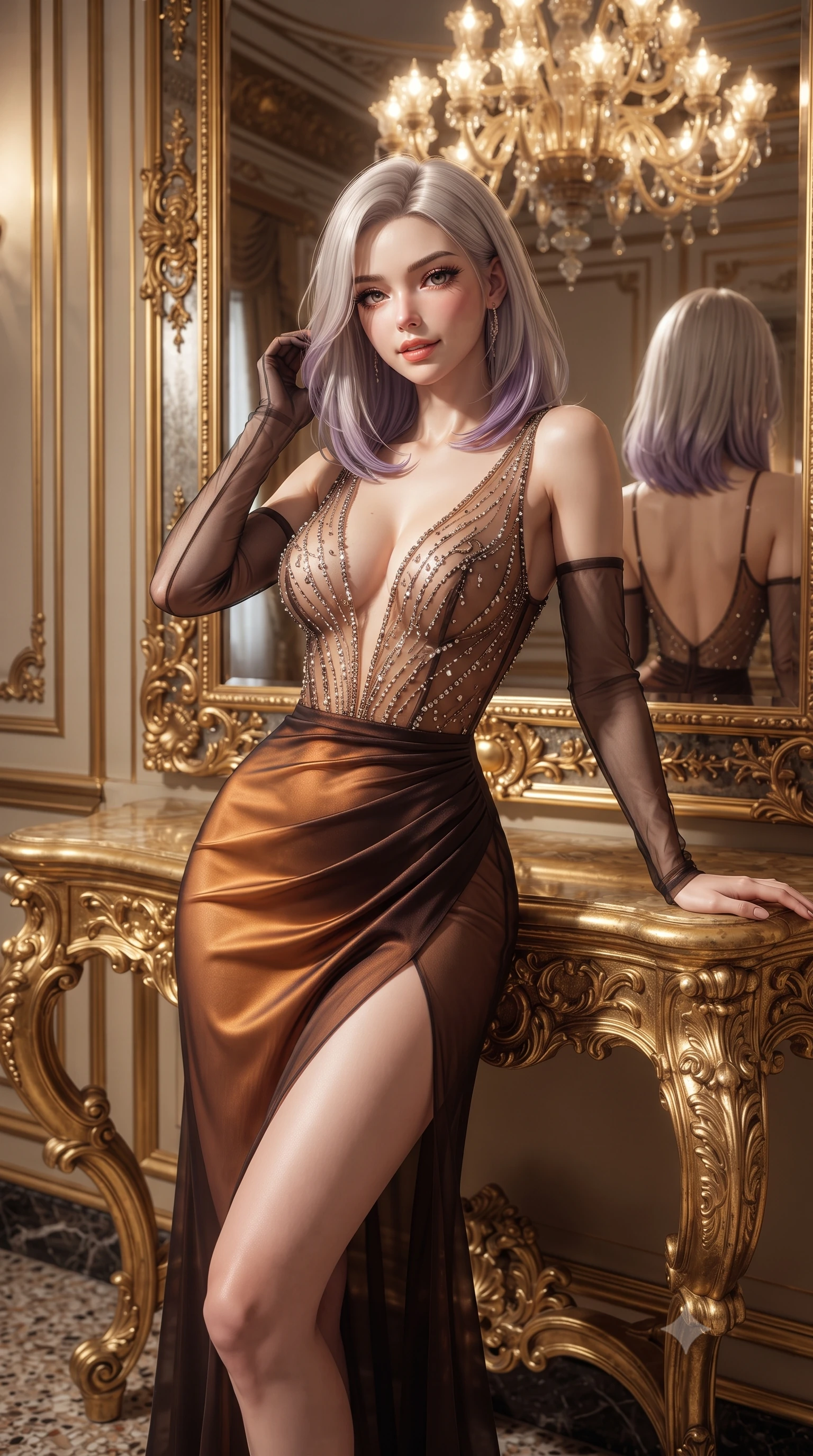 score_9, masterpiece, best quality, ultra-detailed, high-budget anime keyframe, editorial fashion photography, tasteful artistic composition, Caucasian woman. close-up cowboy shot from the waist and thighs up, the character dominates the composition, filling the frame with her large presence. gently brushing a lock of hair behind her ear while casting a playful, flirtatious side-gaze with long eyelashes while leaning against the gilded console table with hips cocked back, looking into the monumental antique mirror with smoldering bedroom-eyes. The surrounding environment is rendered in vivid detail and crisp panoramic clarity: sharp polished terrazzo marble chips, gold-leaf boiserie carved scrolls, and hand-blown glass petal facets in deep focus. She has an exceptionally elegant, slender, and willowy female figure with an ultra-slim waist, flat toned midriff, narrow ribcage, and sculpted feminine hips creating an alluring, slim hourglass silhouette without bulk. sharp v-shaped jawline, high-bridge nose, intricate jewel-like sparkling eyes with depth, thick eyelashes, glossy parted lips with a natural peach sheen, bright cheerful beaming smile with an enchanting and coquettish sensual glint, exuding both youthful cute charm and seductive allure, flawlessly proportioned anatomical accuracy, strict slender model proportions, natural body alignment, perfectly sculpted long slender limbs, ultra-slim waistline, clean dynamic posture without body distortion. wearing a plunge-front sheer mesh cocktail gown with delicate crystal beading and an ultra-daring hip-high leg slit in Hannam-dong glowing amber and rich dark espresso, crafted from fluid liquid silk satin that clings smoothly to her narrow waist and rounded hips with a dewy sheen, complemented by sheer opera-length evening gloves tracing her slender arms, the glove-like clinging cut tightly following the natural contour of her hips and long slender legs with youthful 8.5-heads elegance. bathed in the multi-faceted sparkling illumination of the antique Murano chandelier dimmed to a sultry golden glow. ultra-reflective glossy finish, specular highlights, rich textural contrasts, high-contrast stereoscopic depth, volumetric dynamic lighting, 2k, ultra detail, master piece, 9:16 ratio