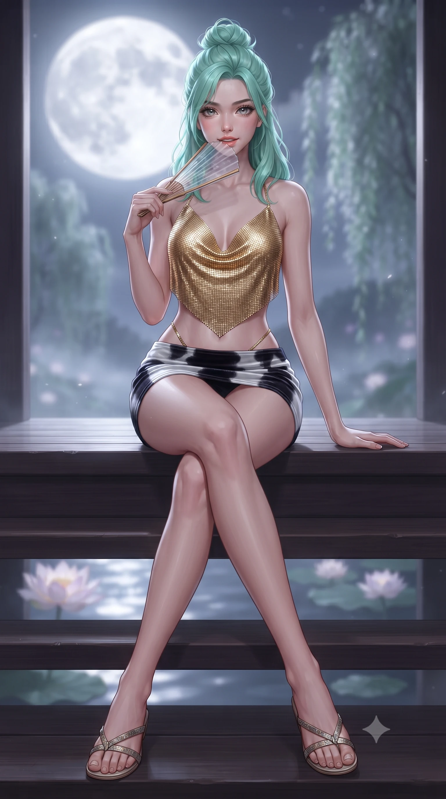 score_9, masterpiece, best quality, ultra-detailed, high-budget anime keyframe, editorial fashion photography, tasteful artistic composition, Japanese woman. low angle full-body shot from head to toe showing her feet, filling the entire 9:16 vertical frame with her statuesque presence, stretching her vertical silhouette. lounging on the lavish daybed with legs crossed and hips angled toward the camera, displaying her toned midriff and long slender limbs with effortless siren poise while sitting perched on the lacquered veranda steps with legs crossed, arching her lower back with breathtaking siren grace as lotus blossoms drift below. The background shows a soft-focus the giant glowing harvest full moon, floating lotus blossoms, and misty willow trees blurred into silver, jade, and amethyst bokeh. She has an absolutely perfect, statuesque 8.5-heads proportion, an exceptionally tall and slender model-like female figure with impossibly long slender legs, an ultra-slim waist, a flat toned midriff, narrow delicate ribcage, and beautifully sculpted feminine hips creating a graceful, slim hourglass silhouette without any bulky heaviness. sharp v-shaped jawline, high-bridge nose, sparkling eyes with hypnotic seductive depth, thick curled eyelashes, glossy parted lips with a natural dewy peach sheen, alluring bedroom-eyes with an enchanting coquettish smile, exuding magnetic siren charisma and sophisticated glamour, flawlessly proportioned anatomical accuracy, strict slender model proportions, natural body alignment, perfectly sculpted long slender limbs, ultra-slim waistline, clean dynamic posture without body distortion. wearing a liquid gold chainmail cowl halter top paired with an ultra-low-rise velvet mini skirt in dual-tone high-contrast neon monochrome, crafted from shimmering fluid chainmail mesh reflecting ambient neon lights, finished with a transparent silk folding fan held gracefully near her glossy parted lips, the second-skin tailored fabric adhering flawlessly to her sculpted flat midriff and slender torso, emphasizing her long leg lines and perfectly proportioned willowy build. bathed in pure silver moonlight cascading directly from the harvest full moon above. ultra-reflective glossy finish, specular highlights, rich textural contrasts, high-contrast stereoscopic depth, volumetric dynamic lighting, 2k, ultra detail, master piece, 9:16 ratio