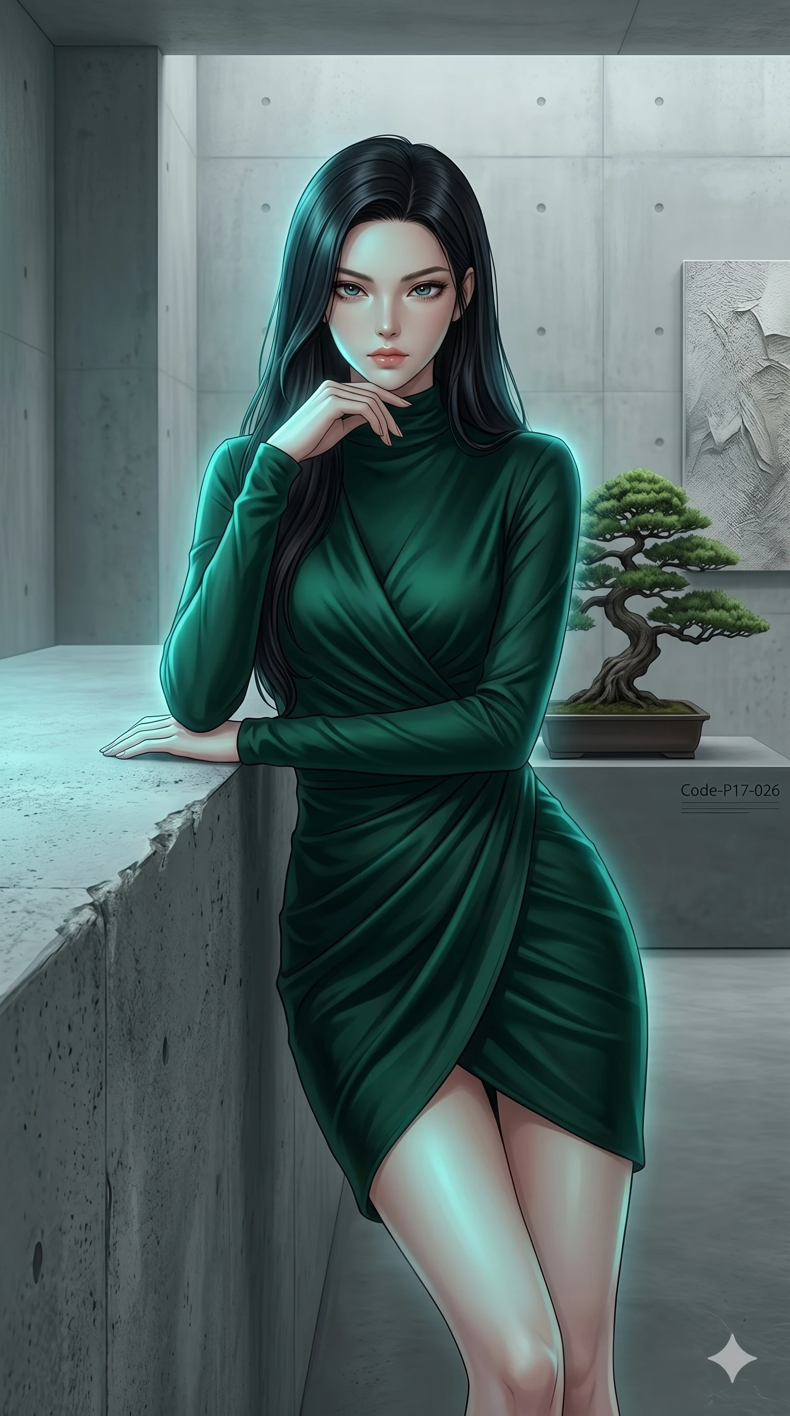 score_9, masterpiece, best quality, ultra-detailed, high-budget anime keyframe, editorial fashion photography, tasteful artistic composition, Korean woman. cowboy shot from the thighs up, character and outfit filling the frame for maximum editorial presence. resting her chin on her hand, looking directly at the camera with a confident, piercing gaze inside a minimalist concrete art gallery with a single bonsai tree (Code-P17-026). She has an absolutely perfect 8-heads proportion, an exceptionally tall and slender female figure with impossibly long slender legs and an ultra-slim waist. V-shaped jawline, high-bridge nose, intricate jewel-like eyes with depth, thick eyelashes, glossy lips with a natural sheen. wearing a long-sleeved high-neck wrap dress in dark emerald green silk. soft aqua bioluminescent light reflecting from the ocean depth, making her skin glow. 2k, ultra detail, master piece, 9:16 ratio