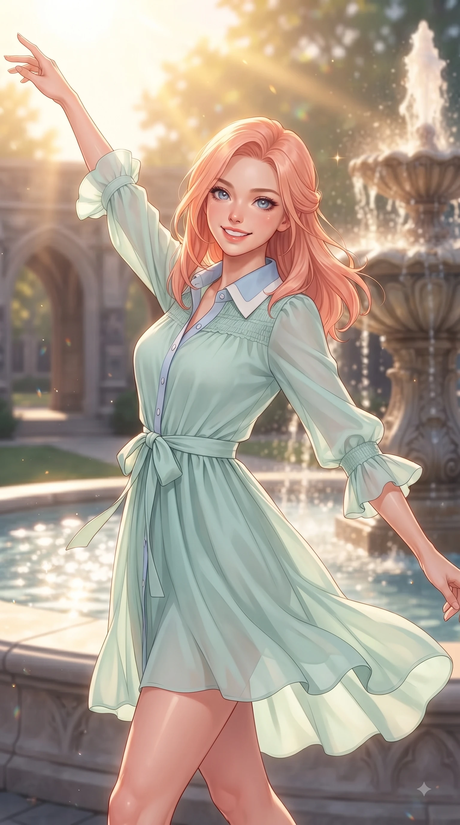 score_9, masterpiece, best quality, ultra-detailed, high-budget anime keyframe, editorial fashion photography, tasteful artistic composition, Japanese woman. close-up cowboy shot from the waist and thighs up, the character dominates the composition, filling the frame with her large presence. Extending one arm in an elegant stretch toward the light while smiling with vibrant, youthful self-assurance while reaching out cheerfully with a bright smile near a grand stone fountain on the college quad. The composition keeps background elements in soft focus with dreamy bokeh. gothic campus arches and sparkling fountain waters softened in a gentle background haze. She has an exceptionally elegant, slender, and willowy female figure with an ultra-slim waist, a gracefully sculpted slender torso, and a refined silhouette. sharp v-shaped jawline, high-bridge nose, intricate jewel-like eyes with depth, thick eyelashes, glossy lips with a natural sheen, flawlessly proportioned anatomical accuracy, natural body alignment, perfectly sculpted elegant limbs, clean dynamic posture without body distortion. wearing a stylish pastel mint trench dress with a tied belt waist and folded collar in baby blue and cloud white, made of fine lightweight chiffon that flutters gently in the breeze, accented with soft smocked details and fluttery cuffs, the soft airy drape swaying gracefully with her dynamic movements. illuminated by warm golden sunbursts and bright clear sky refractions. ultra-reflective glossy finish, specular highlights, metallic sheen, high-contrast stereoscopic depth, volumetric dynamic lighting, 2k, ultra detail, master piece, 9:16 ratio