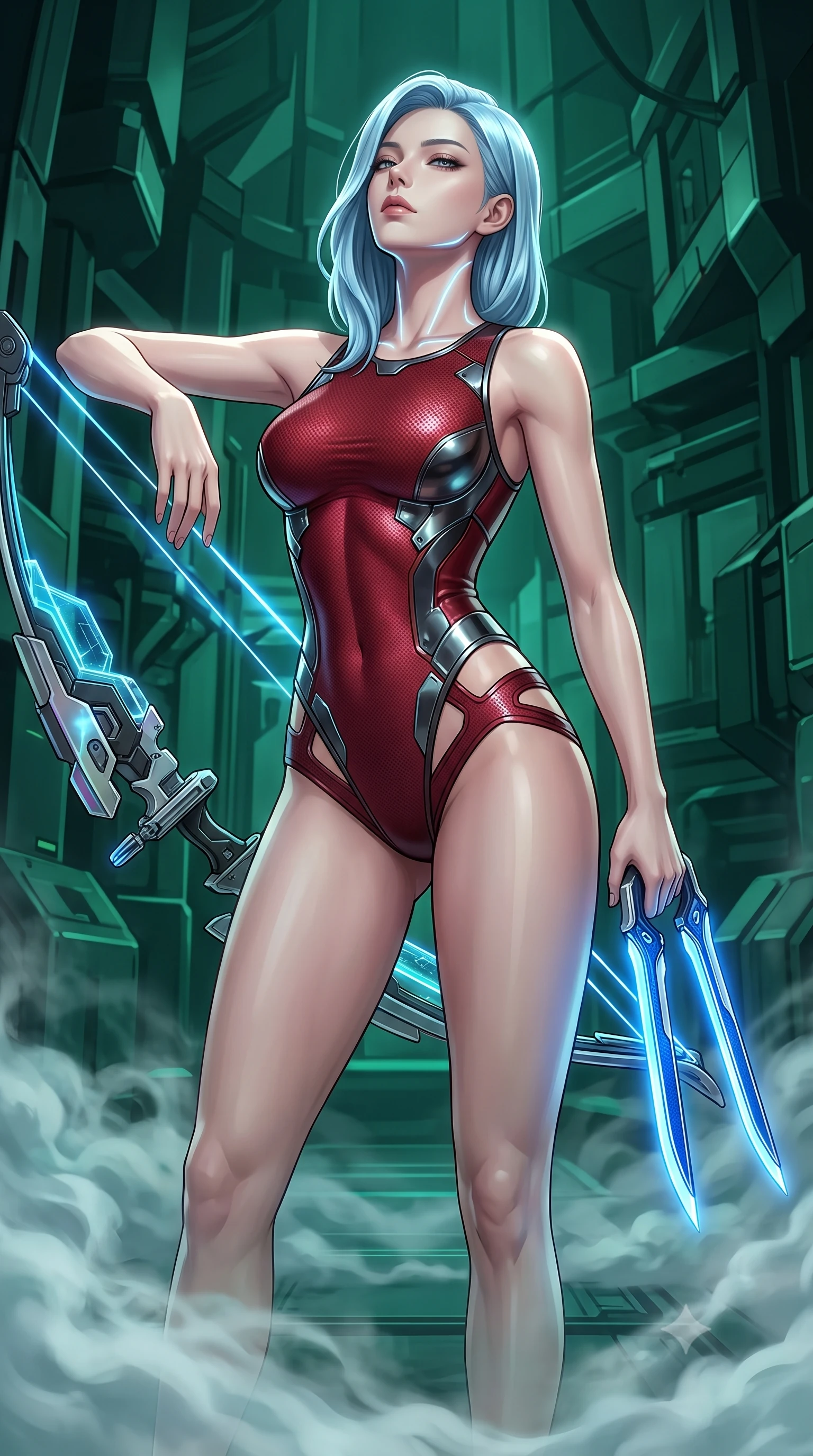 score_9, masterpiece, best quality, ultra-detailed, high-budget anime keyframe, semi-realistic 3D game render, editorial fashion photography, tasteful artistic composition, Korean woman. close-up cowboy shot from the waist and thighs up, the character dominates the composition, filling the frame with her large presence. tilting her head back with serene regal elegance, her sharp jawline and sculpted collarbones highlighted by glowing weapon energy reflections while resting her holographic bow with calm sovereign authority as swirling coolant mist flows around her slender ankles. The surrounding environment is rendered in vivid detail and crisp panoramic clarity. rich emerald chiaroscuro and high-tech subterranean power plant architecture captured with sharpness. She has an exceptionally elegant, slender, and willowy female figure with an ultra-slim waist, a gracefully sculpted slender torso, toned flat midriff, and a refined slim silhouette. sharp v-shaped jawline, high-bridge nose, intricate jewel-like eyes with depth, thick eyelashes, glossy lips with a natural sheen, flawlessly proportioned anatomical accuracy, strict slender model proportions, natural body alignment, perfectly sculpted long slender limbs, ultra-slim waistline, clean dynamic posture without body distortion. wearing a skin-tight crimson carbon-weave combat leotard with metallic dark chrome plating and hip-accentuating cutouts, holding twin glowing high-frequency vibro-blades with effortless supermodel poise in electric cobalt blue carbon with polished platinum trim, tailored from flexible second-skin carbon-mesh that clings flawlessly to her athletic curves, finished with high-mobility articulation joints and miniature magnetic armor locks, the form-contouring material adhering flawlessly to her sculpted flat midriff and slender torso, emphasizing her long leg lines and perfectly proportioned willowy build. illuminated by crisp white key lighting with sharp specular highlights tracing her slender curves. rich saturated anime colors with glowing neon highlights, detailed shading with soft gradients, rich glossy textures, high-contrast stereoscopic depth, volumetric dynamic lighting, master piece, 9:16 ratio