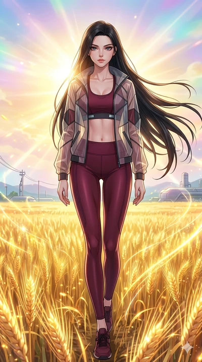 score_9, masterpiece, best quality, ultra-detailed, High-budget Anime Keyframe, beautiful Japanese anime girl. Low angle cowboy shot filling the entire 9:16 frame with her statuesque presence. Walking through a field of glowing grain under a golden s