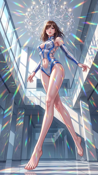 score_9, masterpiece, best quality, ultra-detailed, high-budget anime keyframe, semi-realistic 3D game render, editorial fashion photography, tasteful artistic composition, Korean woman. low angle full-body shot from head to toe showing her feet, fil