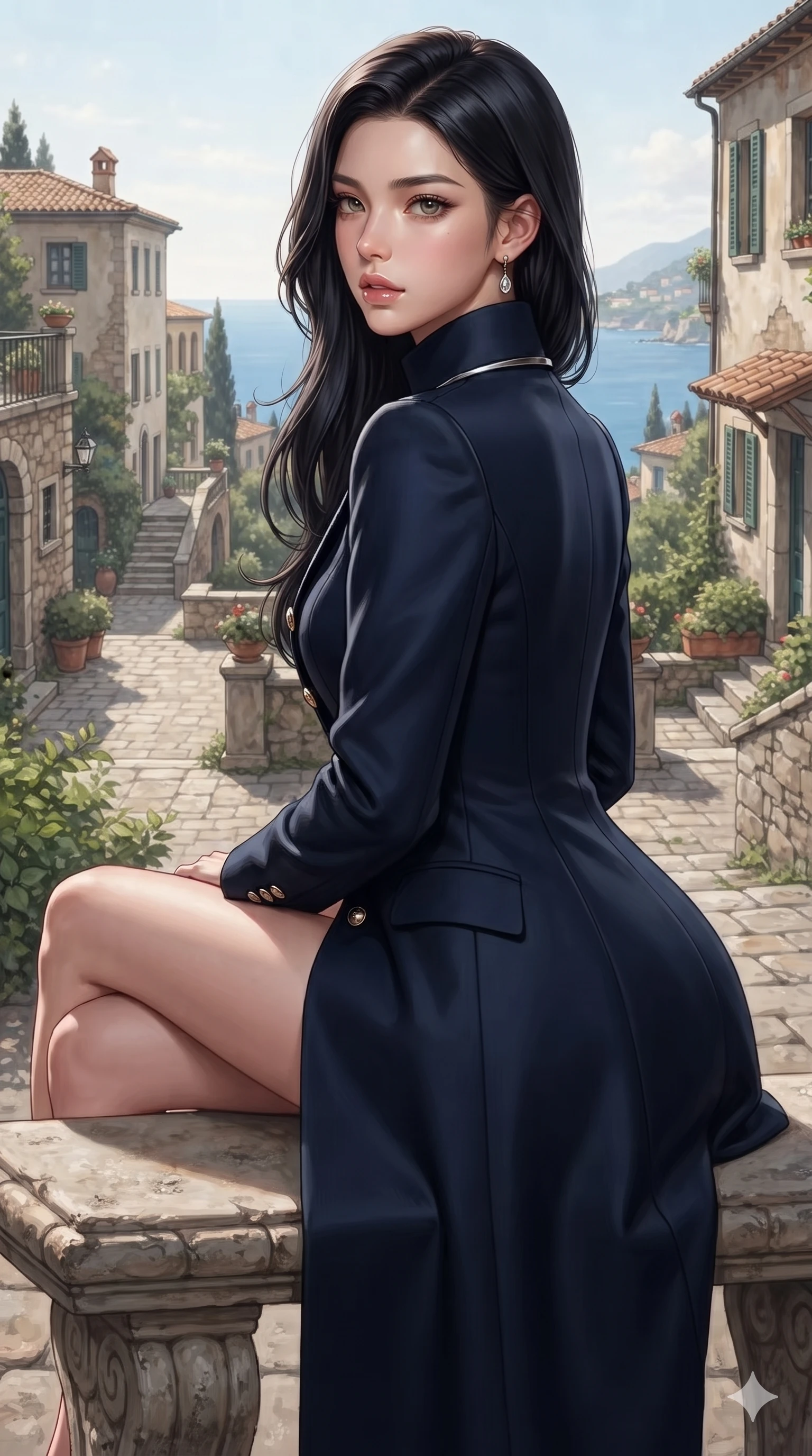 score_9, masterpiece, best quality, ultra-detailed, high-budget anime keyframe, editorial fashion photography, tasteful artistic composition, Korean woman. close-up cowboy shot from the waist and thighs up, the character dominates the composition, filling the frame with her large presence. posing in an alluring rear three-quarter angle, looking over a bare shoulder with parted glossy lips, her hips cocked back to highlight her slim hourglass curve while perched sideways on the stone garden bench, one knee drawn up to showcase her slender leg line while her arched back accentuates her feminine hip curve. The surrounding environment is rendered in vivid detail and crisp panoramic clarity: detailed bespoke fashion tailoring, second-skin fit, and timeless Italian coastal architecture in high resolution. She has an exceptionally elegant, slender, and willowy female figure with an ultra-slim waist, flat toned midriff, narrow ribcage, and sculpted feminine hips creating an alluring, slim hourglass silhouette without bulk. sharp v-shaped jawline, high-bridge nose, intricate jewel-like eyes with depth, thick eyelashes, glossy parted lips with a natural sheen, intensely captivating and seductive bedroom-eyes expression, flawlessly proportioned anatomical accuracy, strict slender model proportions, natural body alignment, perfectly sculpted long slender limbs, ultra-slim waistline, clean dynamic posture without body distortion. wearing a structured high-collar Victorian opera greatcoat in midnight navy wool with polished brass crest buttons in dark onyx black and molten platinum, tailored from heavy Italian silk mikado with an architectural structured drape, finished with a minimalist chrome choker and a single teardrop diamond pendant, the impeccably tailored cut draping gracefully along her slender figure with aristocratic poise. sharp directional rim lights sculpting her sculpted collarbones, ultra-slim waist, and curvy hips. ultra-reflective glossy finish, specular highlights, rich textural contrasts, high-contrast stereoscopic depth, volumetric dynamic lighting, 2k, ultra detail, master piece, 9:16 ratio