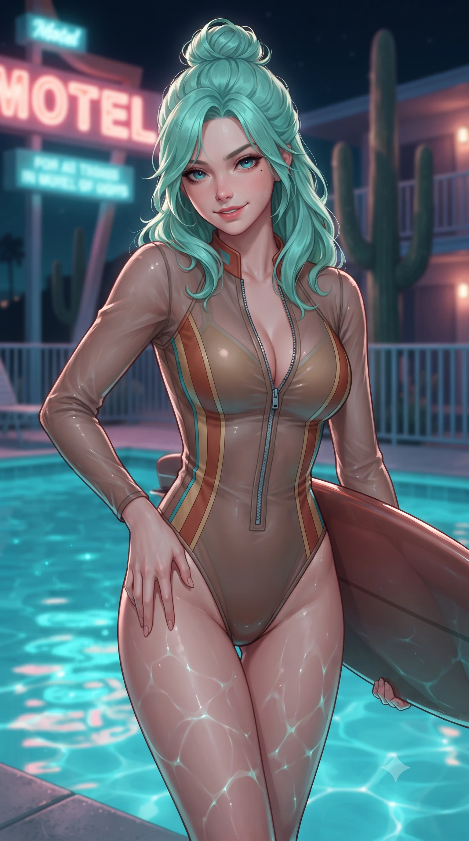 score_9, masterpiece, best quality, ultra-detailed, high-budget anime keyframe, editorial fashion photography, tasteful artistic composition, Japanese woman. close-up cowboy shot from the waist and thighs up, the character dominates the composition, filling the frame with her large presence. tilting her head with a teasing half-smile, running one hand slowly down the side of her hip in a flirtatious S-curve as ambient light caresses her silhouette while standing at the edge of the turquoise motel swimming pool with hips cocked back, neon light water caustics dancing over her curves. The background shows a soft-focus glowing neon motel sign letters, towering saguaro silhouettes, and motel balcony railings blurred into turquoise, coral, and violet bokeh. She has an exceptionally elegant, slender, and willowy female figure with an ultra-slim waist, flat toned midriff, narrow ribcage, and sculpted feminine hips creating an alluring, slim hourglass silhouette without bulk. sharp v-shaped jawline, high-bridge nose, sparkling eyes with hypnotic seductive depth, thick curled eyelashes, glossy parted lips with a natural dewy peach sheen, alluring bedroom-eyes with an enchanting coquettish smile, exuding magnetic siren charisma and sophisticated glamour, flawlessly proportioned anatomical accuracy, strict slender model proportions, natural body alignment, perfectly sculpted long slender limbs, ultra-slim waistline, clean dynamic posture without body distortion. wearing a form-contouring wet-look neoprene zip-front surfing bodysuit with high-cut leg openings and racing side stripes in terracotta rust and desert sand gold with turquoise accents, made of sheer gossamer chiffon that drapes softly against skin with airy translucence, accented with a custom high-gloss tinted surfboard held lightly with one hand, the glove-like clinging cut tightly following the natural contour of her hips and long slender legs with youthful 8.5-heads elegance. illuminated by pool water caustic bounce and sharp turquoise rim lights sculpting her jawline, flat midriff, and voluptuous hip curves. ultra-reflective glossy finish, specular highlights, rich textural contrasts, high-contrast stereoscopic depth, volumetric dynamic lighting, 2k, ultra detail, master piece, 9:16 ratio