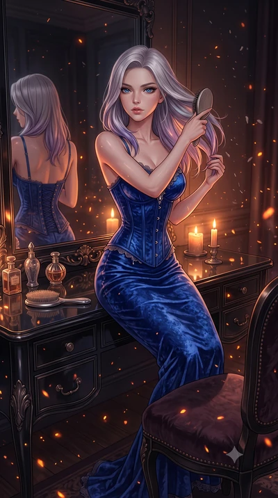 score_9, masterpiece, best quality, ultra-detailed, High-budget Anime Keyframe, Caucasian woman, strictly human ears. Dynamic full-body shot stretching the vertical silhouette to the limit. Scenario 411: brushing her hair while seated before a vanity