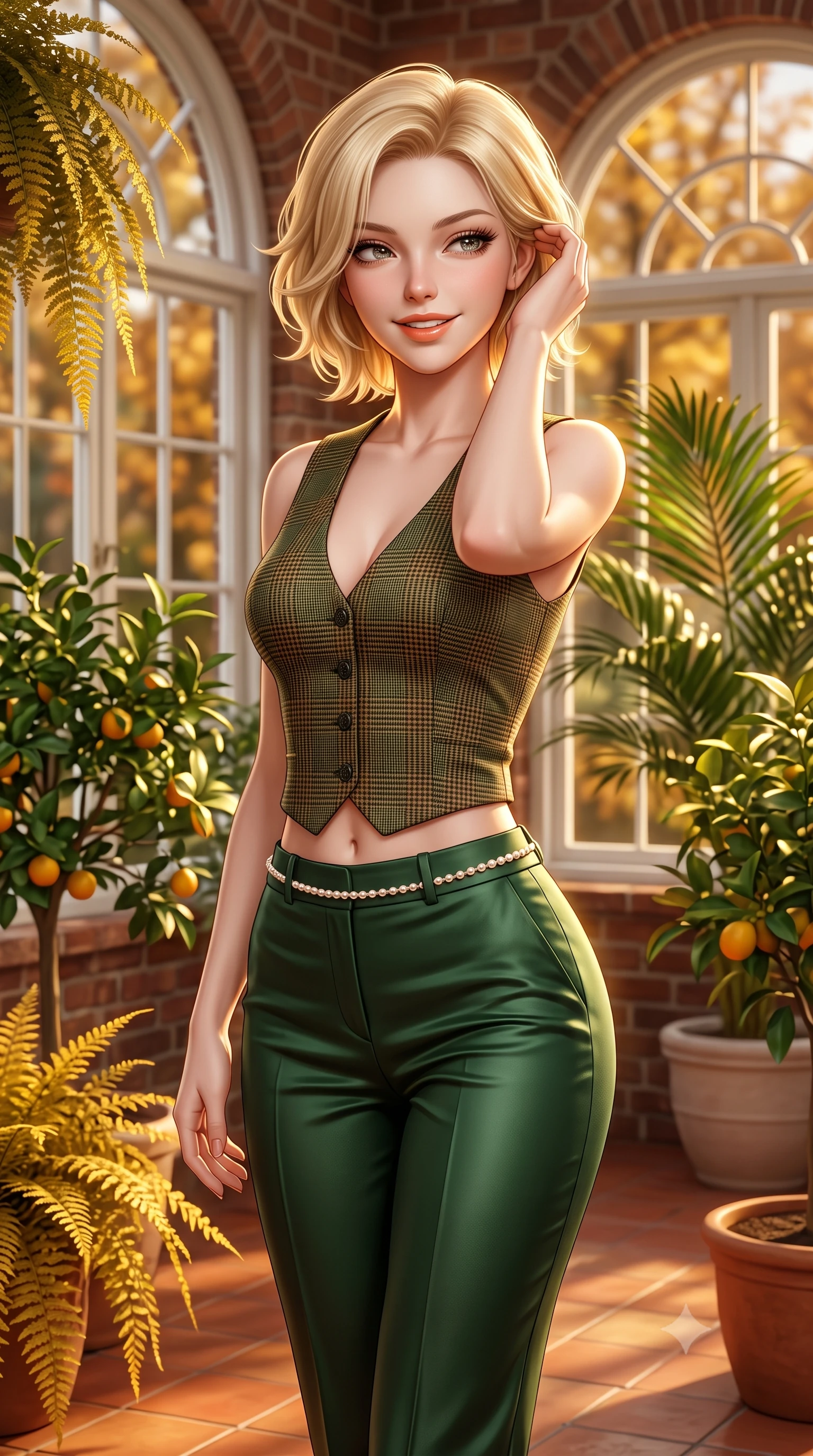score_9, masterpiece, best quality, ultra-detailed, high-budget anime keyframe, semi-realistic 3D game render, editorial fashion photography, tasteful artistic composition, Caucasian woman. close-up cowboy shot from the waist and thighs up, the character dominates the composition, filling the frame with her large presence. gently brushing a lock of hair behind her ear while casting a playful, flirtatious side-gaze with long eyelashes while standing amidst potted citrus trees and cascading golden ferns inside the historic brick orangery, smiling warmly at the camera. The background shows a soft-focus arched multi-pane conservatory windows, lush potted palm fronds, and golden maple trees outside blurred into honey, terracotta, and olive bokeh. She has an exceptionally elegant, slender, and willowy female figure with an ultra-slim waist, flat toned midriff, narrow ribcage, and sculpted feminine hips creating an alluring, slim hourglass silhouette without bulk. sharp v-shaped jawline, high-bridge nose, intricate jewel-like sparkling eyes with depth, thick eyelashes, glossy parted lips with a natural peach sheen, bright cheerful beaming smile with an enchanting and coquettish sensual glint, exuding both youthful cute charm and seductive allure, flawlessly proportioned anatomical accuracy, strict slender model proportions, natural body alignment, perfectly sculpted long slender limbs, ultra-slim waistline, clean dynamic posture without body distortion. wearing a sleek Prince of Wales check tailored vest bodice hugging her torso, paired with matching ultra-high-rise cigarette trousers in heritage British racing green and warm cognac brown, crafted from lustrous liquid satin crepe that drapes in body-clinging ripples catching ambient lights, accented with a dainty pearl waist chain catching the ambient sunlight across her sculpted waistline, the liquid-tight tailored fabric clinging flawlessly to her narrow waist and rounded feminine hips, emphasizing every millimeter of her sculpted slim hourglass curves without any bulky heaviness. illuminated by terracotta floor reflection fill and warm golden rim lights defining her delicate collar and willowy silhouette. highly saturated vibrant anime colors, detailed shading with soft gradients, rich glossy textures, high-contrast stereoscopic depth, volumetric dynamic lighting, master piece, 9:16 ratio