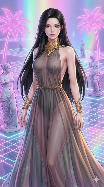 score_9, masterpiece, best quality, ultra-detailed, high-budget anime keyframe, Caucasian woman, strictly human ears. upper body close-up from the thighs up, character filling the screen for maximum presence. drifting through a holographic vaporwave 
