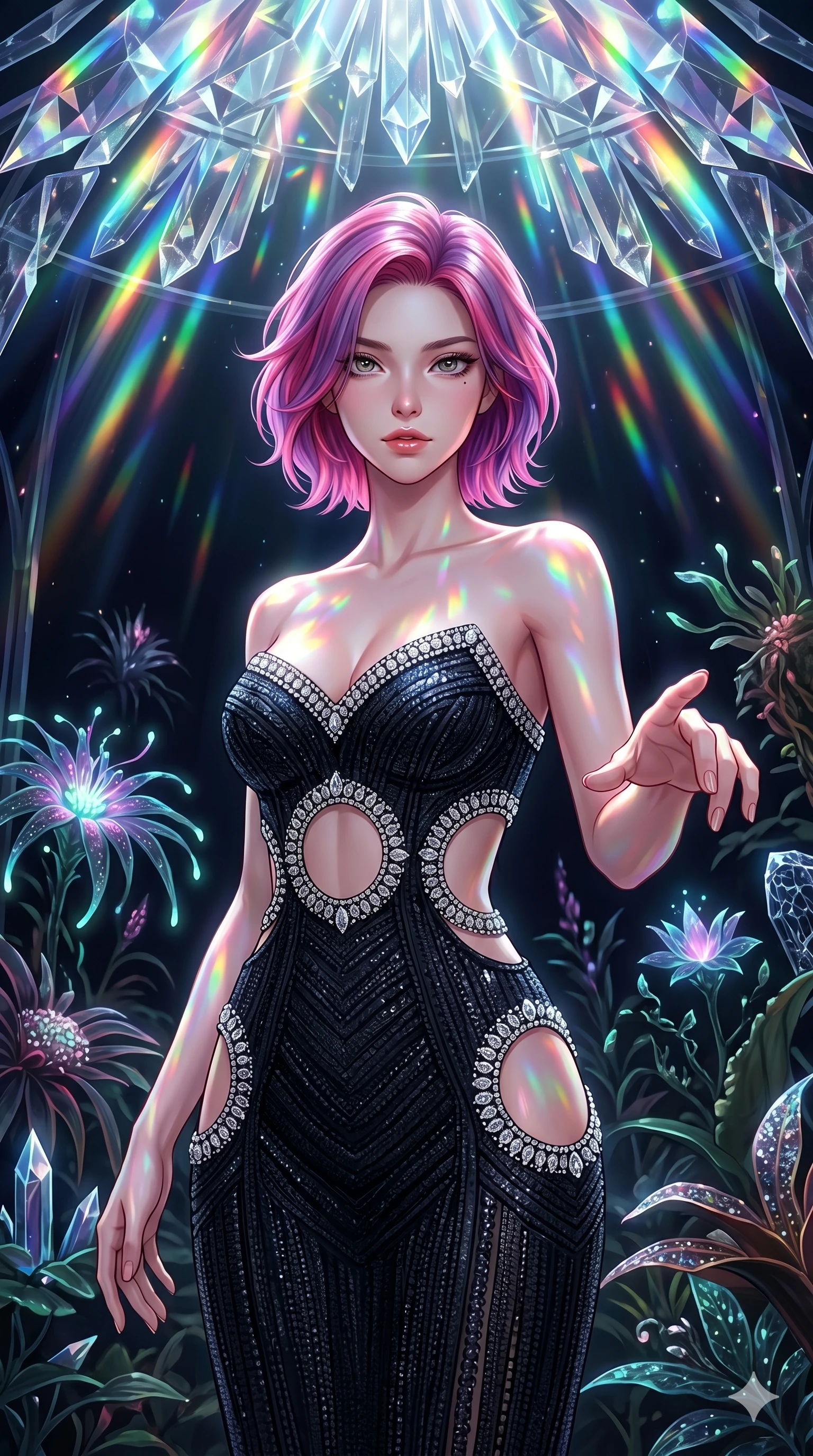 score_9, masterpiece, best quality, ultra-detailed, high-budget anime keyframe, editorial fashion photography, tasteful artistic composition, Japanese woman. cowboy shot from the thighs up, character and outfit filling the frame for maximum editorial presence. Reaching one hand toward the viewer with relaxed elegance within a prismatic rain-forest dome where bioluminescent plants pulse softly in the dark. She has an absolutely perfect 8-heads proportion, an exceptionally tall and slender female figure with impossibly long slender legs and an ultra-slim waist. V-shaped jawline, high-bridge nose, intricate jewel-like eyes with depth, thick eyelashes, glossy lips with a natural sheen. wearing a midnight black structured couture gown with elaborate crystal-edged circular cutouts at the waist and hip, creating a dazzling jeweled window effect against her skin. illuminated by cascading rainbow prismatic light refracting through crystal overhead and casting patterns on her skin. 2k, ultra detail, master piece, 9:16 ratio