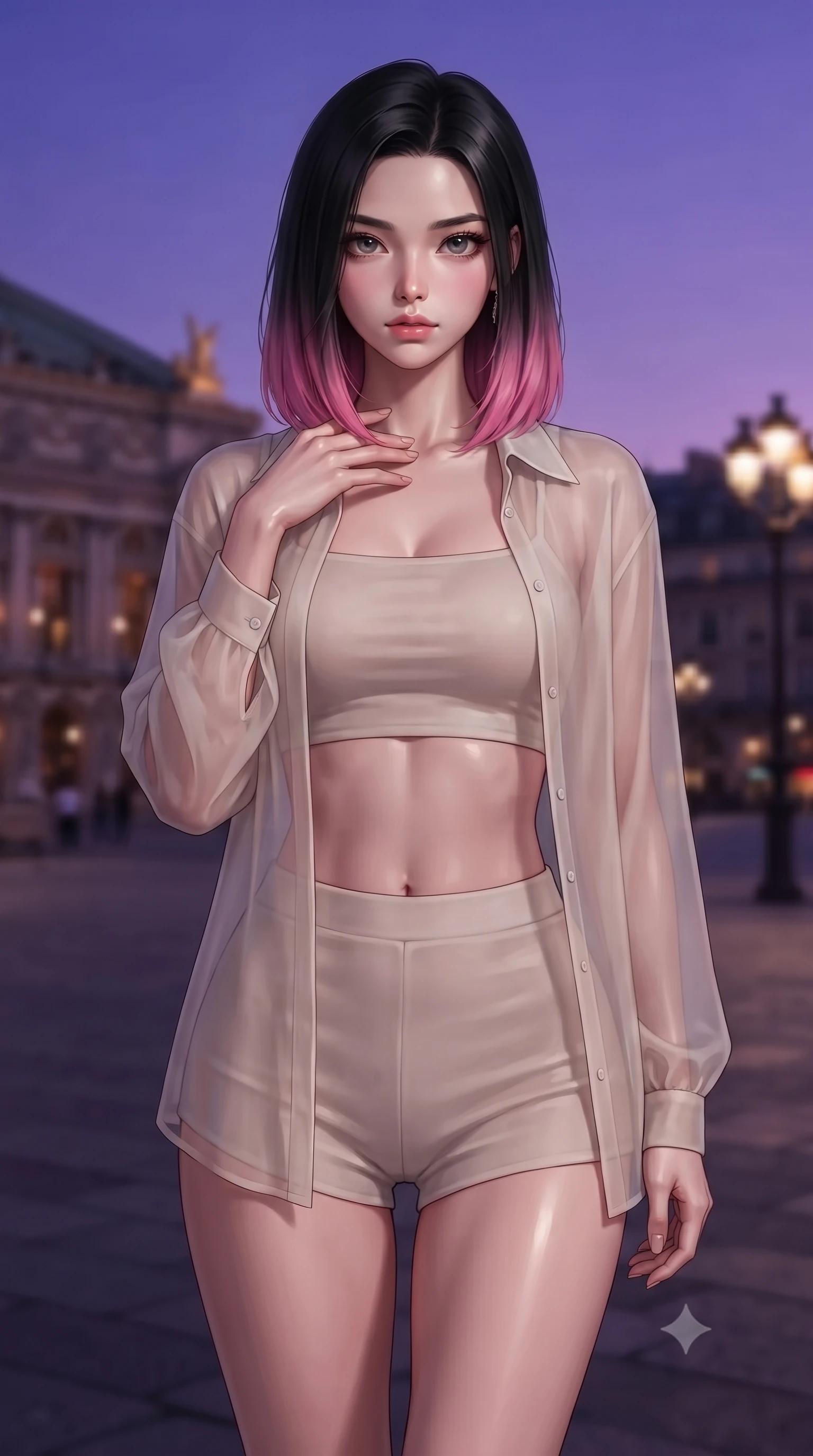 score_9, masterpiece, best quality, ultra-detailed, high-budget anime keyframe, editorial fashion photography, tasteful artistic composition, Korean woman. close-up cowboy shot from the waist and thighs up, the character dominates the composition, filling the frame with her large presence, background elements kept in soft focus. standing with one hand resting on her collarbone, looking at the viewer with bedroom-eyes the background shows a soft-focus a scenic terrace of an opera house overlooking a historic European city plaza at dusk. She has an exceptionally elegant, slender, and willowy female figure with an ultra-slim waist, a gracefully sculpted slender torso, and a refined silhouette. sharp v-shaped jawline, high-bridge nose, intricate jewel-like eyes with depth, thick eyelashes, glossy lips with a natural sheen. wearing a slim-fit lightweight chiffon cover-up shirt worn open over a crop top and high-cut shorts. deep violet twilight sky glow contrasting with the warm lights of the streetlamps. ultra-reflective glossy finish, specular highlights, metallic sheen, high-contrast stereoscopic depth, volumetric dynamic lighting, 2k, ultra detail, master piece, 9:16 ratio