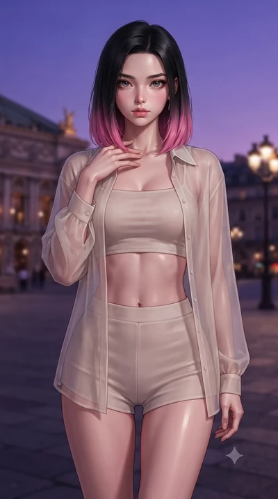 score_9, masterpiece, best quality, ultra-detailed, high-budget anime keyframe, editorial fashion photography, tasteful artistic composition, Korean woman. close-up cowboy shot from the waist and thighs up, the character dominates the composition, fi