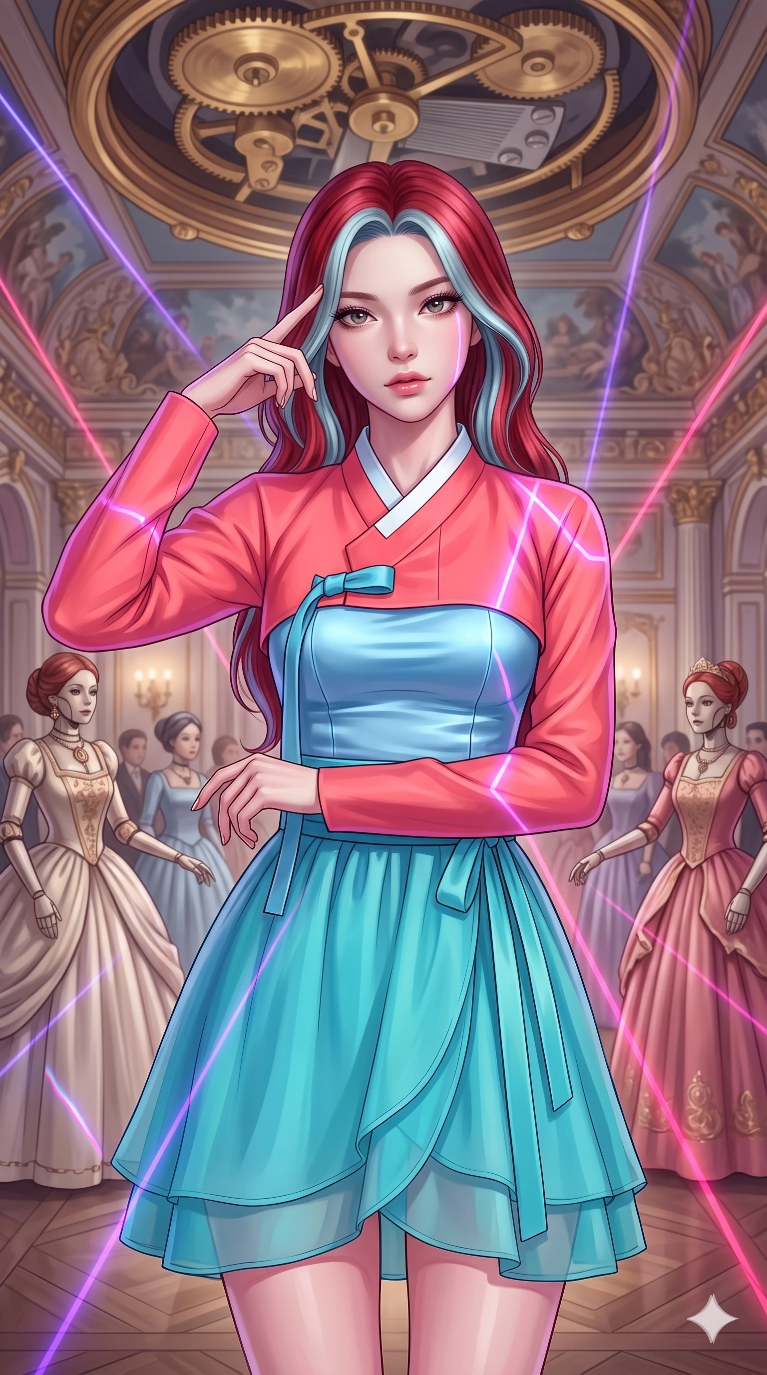 score_9, masterpiece, best quality, ultra-detailed, high-budget anime keyframe, editorial fashion photography, tasteful artistic composition, Caucasian woman, strictly human ears. close-up cowboy shot from the waist and thighs up, the character dominates the composition, filling the frame with her large presence, background elements kept in soft focus. Pressing two fingers to her temple in a composed thoughtful gesture. set against a soft-focus background of an ornate Victorian ballroom populated by elegant life-sized clockwork automatons in ball gowns with a massive gilded music box mechanism rotating slowly in the frescoed ceiling above. She has an exceptionally elegant and slender, willowy female figure with an ultra-slim waist, a gracefully sculpted slender torso, and a refined slim physique. sharp v-shaped jawline, high-bridge nose, intricate jewel-like eyes with depth, thick eyelashes, glossy lips with a natural sheen. wearing a modern fusion Hanbok with a vivid coral-pink cropped jeogori over a sky-blue satin bodice and a layered turquoise chiffon wrap skirt. laser lines of violet and hot pink reflecting off surfaces casting geometric neon highlights. 2k, ultra detail, master piece, 9:16 ratio
