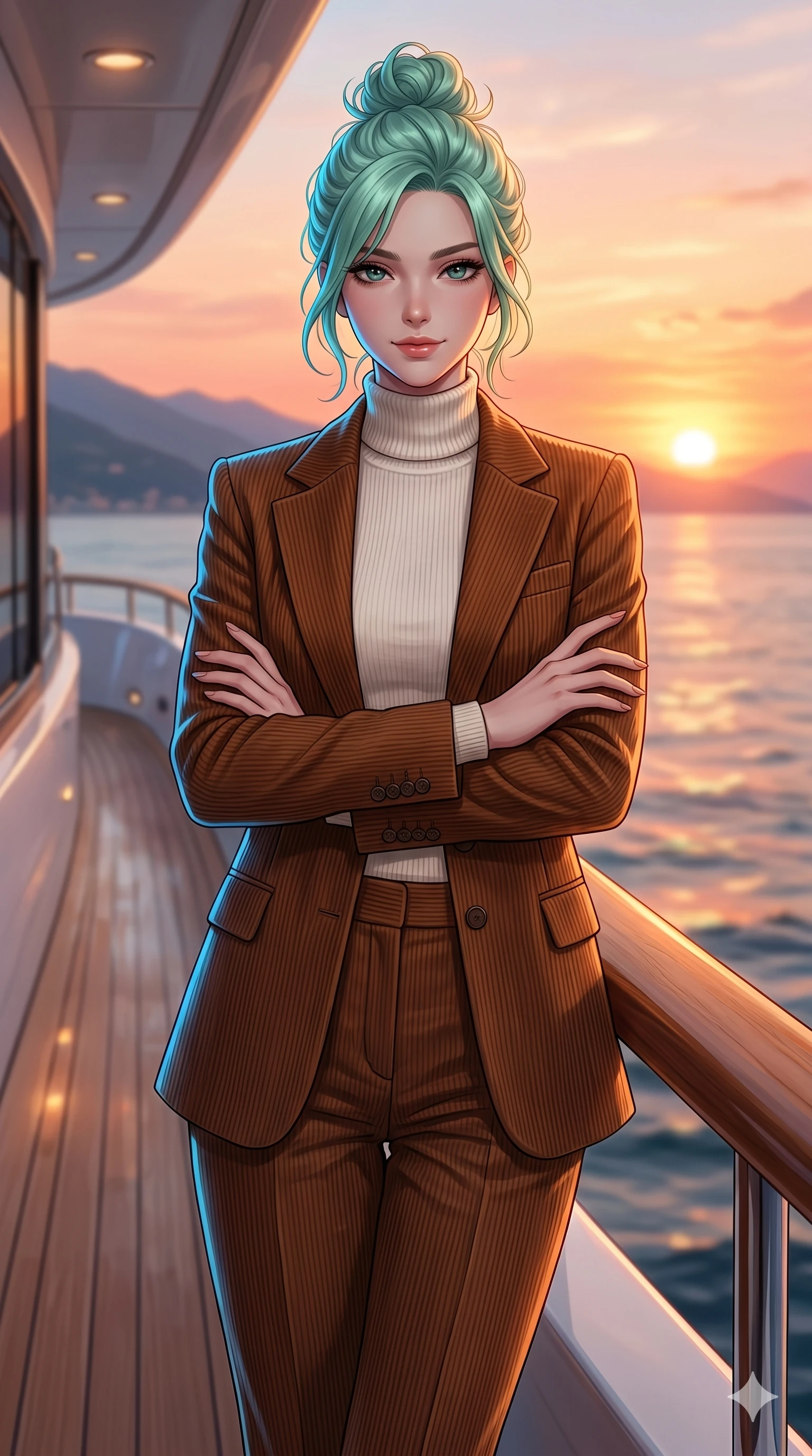 score_9, masterpiece, best quality, ultra-detailed, high-budget anime keyframe, editorial fashion photography, tasteful artistic composition, Japanese woman. cowboy shot from the thighs up, character and outfit filling the frame for maximum editorial presence. crossing her arms and leaning back, casting a cool, bedroom-eyes smile at the camera on a private yacht deck at sunset with a warm sea breeze (Code-P17-025). She has an absolutely perfect 8-heads proportion, an exceptionally tall and slender female figure with impossibly long slender legs and an ultra-slim waist. V-shaped jawline, high-bridge nose, intricate jewel-like eyes with depth, thick eyelashes, glossy lips with a natural sheen. wearing a high-neck knit top under a structured corduroy blazer and trousers. bright cinematic volumetric lighting with a cool blue rim light tracing her contours. 2k, ultra detail, master piece, 9:16 ratio
