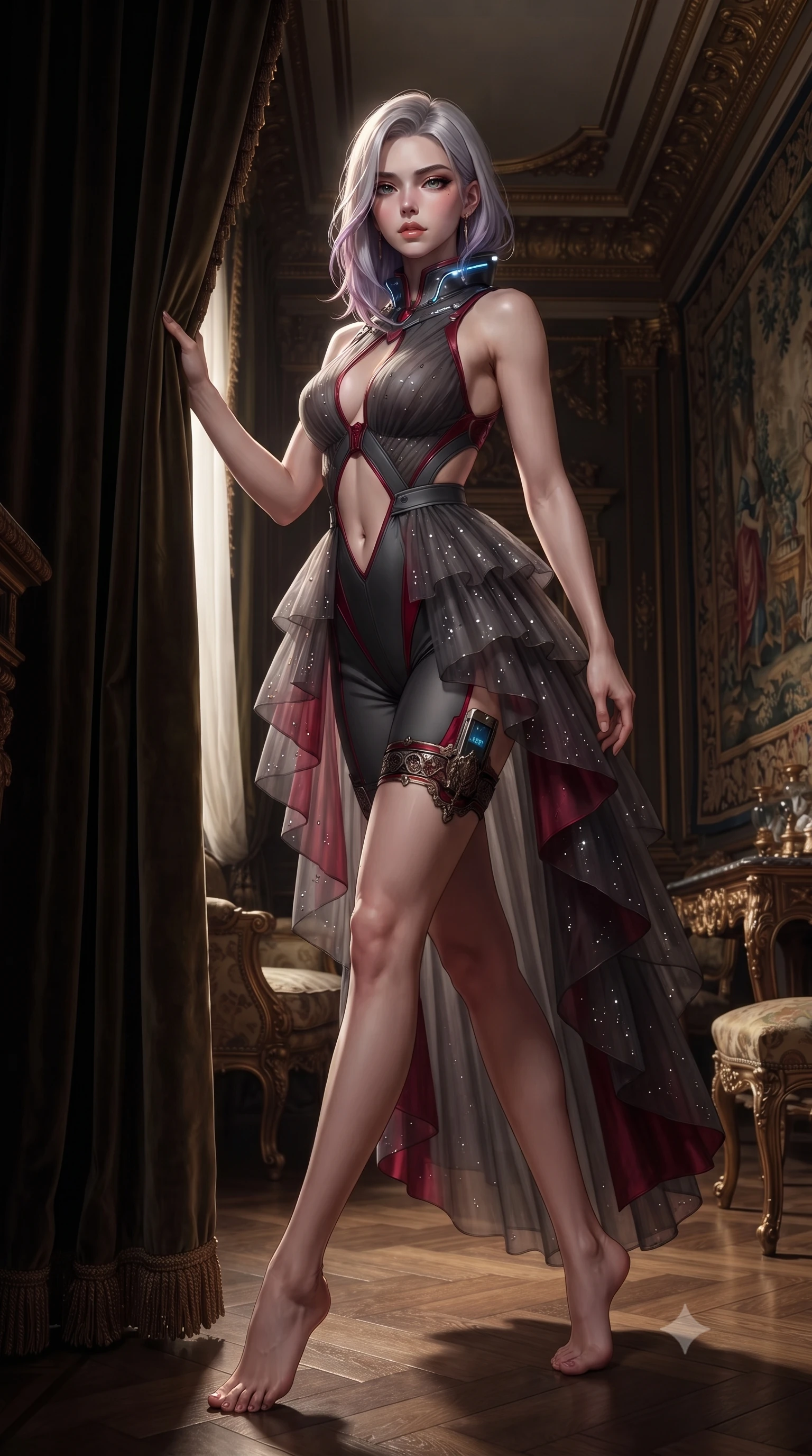 score_9, masterpiece, best quality, ultra-detailed, high-budget anime keyframe, editorial fashion photography, tasteful artistic composition, Caucasian woman. low angle full-body shot from head to toe showing her feet, filling the entire 9:16 vertical frame with her statuesque presence, stretching her vertical silhouette. landing lightly on the balls of her feet in a balanced kinetic stance, eyes locked onto the camera with fearless allure while pivoting dynamically behind a heavy velvet curtain in a dimly lit VIP corridor, concealing a miniature data drive in her garter. The surrounding environment is rendered in vivid detail and crisp panoramic clarity. luxurious neo-noir romance chiaroscuro and lavish historical mansion opulence rendered with precision. She has an absolutely perfect, statuesque 8.5-heads proportion, an exceptionally tall and slender model-like female figure with impossibly long slender legs, a toned flat midriff, and an ultra-slim waist. sharp v-shaped jawline, high-bridge nose, intricate jewel-like eyes with depth, thick eyelashes, glossy lips with a natural sheen, captivating and magnetic expression, flawlessly proportioned anatomical accuracy, strict slender model proportions, natural body alignment, perfectly sculpted long slender limbs, ultra-slim waistline, clean dynamic posture without body distortion. wearing an undercover operative tailored backless evening catsuit with concealed gadget pockets in matte graphite and blood-crimson accents, crafted from tiered translucent tulle adorned with delicate micro-sequins, featuring a high aerodynamic collar framed by subtle glowing cybernetic LEDs, the precision-cut daring openings accentuating her delicate midriff, graceful bare collarbones, and ultra-slim feminine waistline. surrounded by an enigmatic, enchanting, and lethal undercover spy duchess aura. ultra-reflective glossy finish, specular highlights, rich textural contrasts, high-contrast stereoscopic depth, volumetric dynamic lighting, 2k, ultra detail, master piece, 9:16 ratio