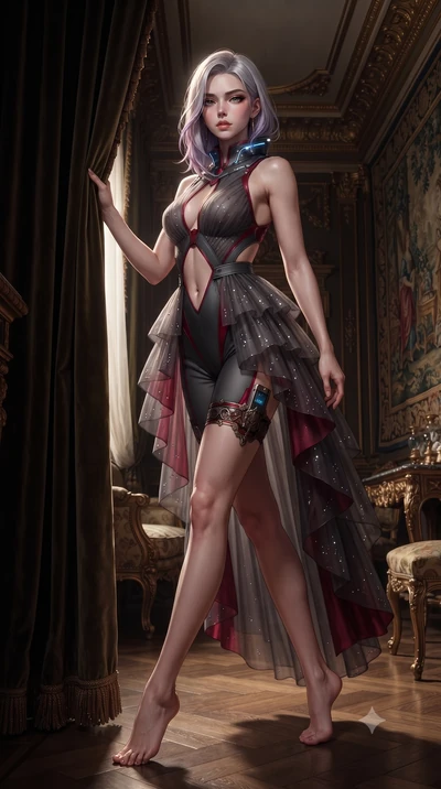 score_9, masterpiece, best quality, ultra-detailed, high-budget anime keyframe, editorial fashion photography, tasteful artistic composition, Caucasian woman. low angle full-body shot from head to toe showing her feet, filling the entire 9:16 vertica