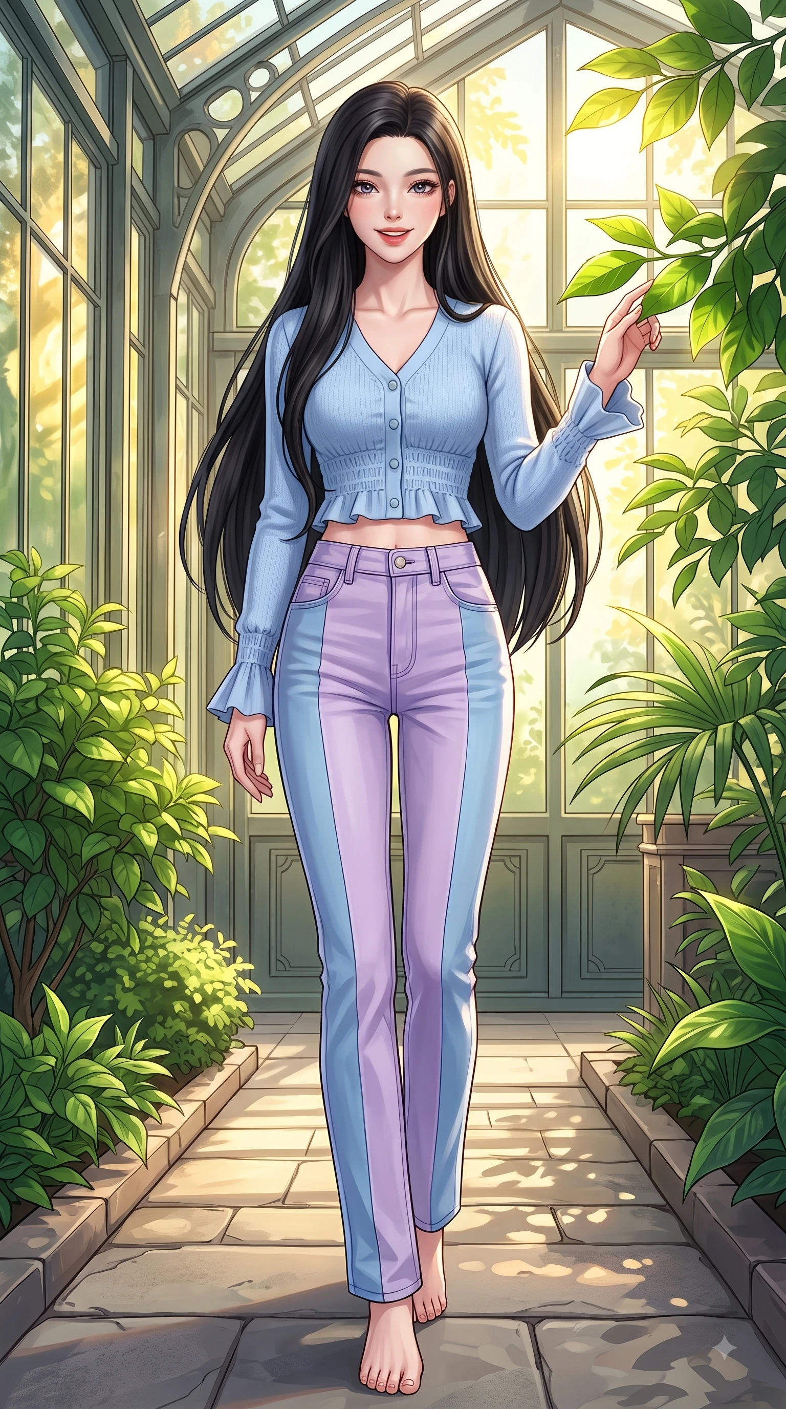score_9, masterpiece, best quality, ultra-detailed, high-budget anime keyframe, editorial fashion photography, tasteful artistic composition, Korean woman. low angle full-body shot from head to toe showing her feet, filling the entire 9:16 vertical frame with her statuesque presence, stretching her vertical silhouette. stepping forward gracefully in mid-motion with a delighted cute expression, displaying her statuesque model proportions while reaching out playfully to touch a sun-lit green leaf while smiling with sparkling eyes into the lens. The surrounding environment is rendered in vivid detail and crisp panoramic clarity. rich emerald plant textures and sunlit conservatory walkways showcased with environmental sharpness. She has an absolutely perfect, statuesque 8.5-heads proportion, an exceptionally tall and slender model-like female figure with impossibly long slender legs and an ultra-slim waist. sharp v-shaped jawline, high-bridge nose, intricate jewel-like eyes with depth, thick eyelashes, glossy lips with a natural sheen, flawlessly proportioned anatomical accuracy, natural body alignment, perfectly sculpted elegant limbs, clean dynamic posture without body distortion. wearing a casual chic pastel blue cropped cardigan with high-rise straight-leg denim jeans in soft pastel lavender and sky blue, knitted from soft cozy cashmere yarn, accented with soft smocked details and fluttery cuffs, the relaxed yet flattering fit accentuating her naturally graceful and slender figure. bathed in bright golden sunlight filtering through conservatory glass panes. highly saturated vibrant anime colors, detailed shading with soft gradients, rich glossy textures, high-contrast stereoscopic depth, volumetric dynamic lighting, master piece, 9:16 ratio