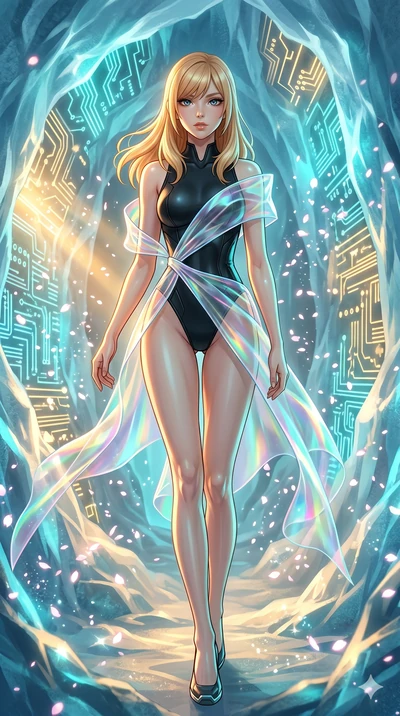 score_9, masterpiece, best quality, ultra-detailed, high-budget anime keyframe, editorial fashion photography, tasteful artistic composition, Caucasian woman, strictly human ears. low angle full-body shot from head to toe showing her feet, filling th