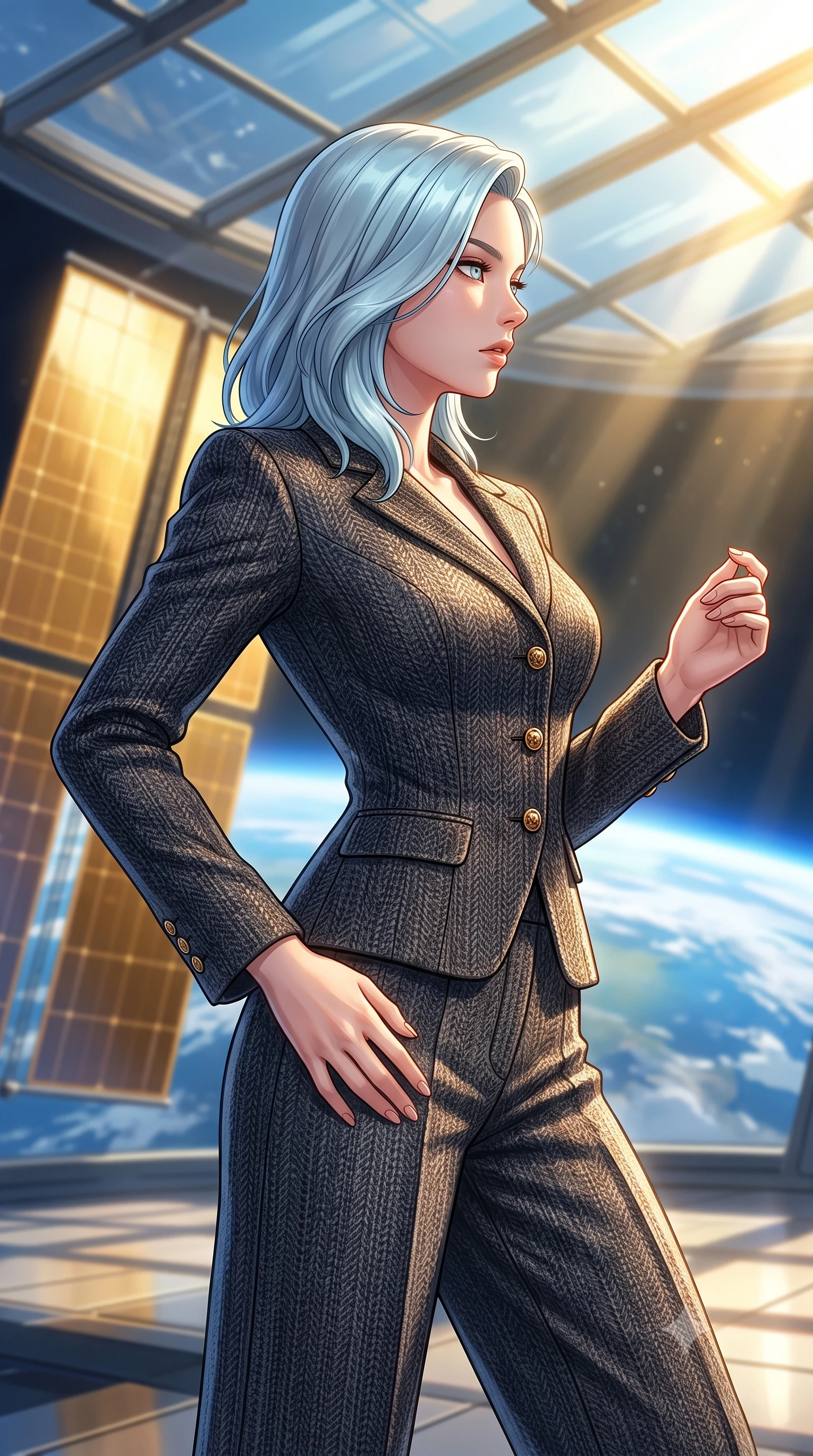 score_9, masterpiece, best quality, ultra-detailed, high-budget anime keyframe, editorial fashion photography, tasteful artistic composition, Korean woman woman. close-up cowboy shot from the waist and thighs up, the character dominates the composition, filling the frame with her large presence, background elements kept in soft focus. She has an exceptionally elegant, slender, and willowy female figure with an ultra-slim waist, a gracefully sculpted slender torso, and a refined silhouette. turning her head in a sharp dramatic profile against the key light, her eyes glowing with calm focus, flawlessly proportioned anatomical accuracy, natural body alignment, perfectly sculpted elegant limbs, clean dynamic posture without body distortion. set against a soft-focus background of an orbital solarium deck with giant gold solar panels overlooking Earth. wearing a tailored charcoal tweed suit jacket with high-waisted wide trousers. bathed in intense golden hour solar light slicing through glass ceiling panels. highly saturated vibrant anime colors, detailed shading with soft gradients, rich glossy textures, high-contrast stereoscopic depth, volumetric dynamic lighting, master piece, 9:16 ratio