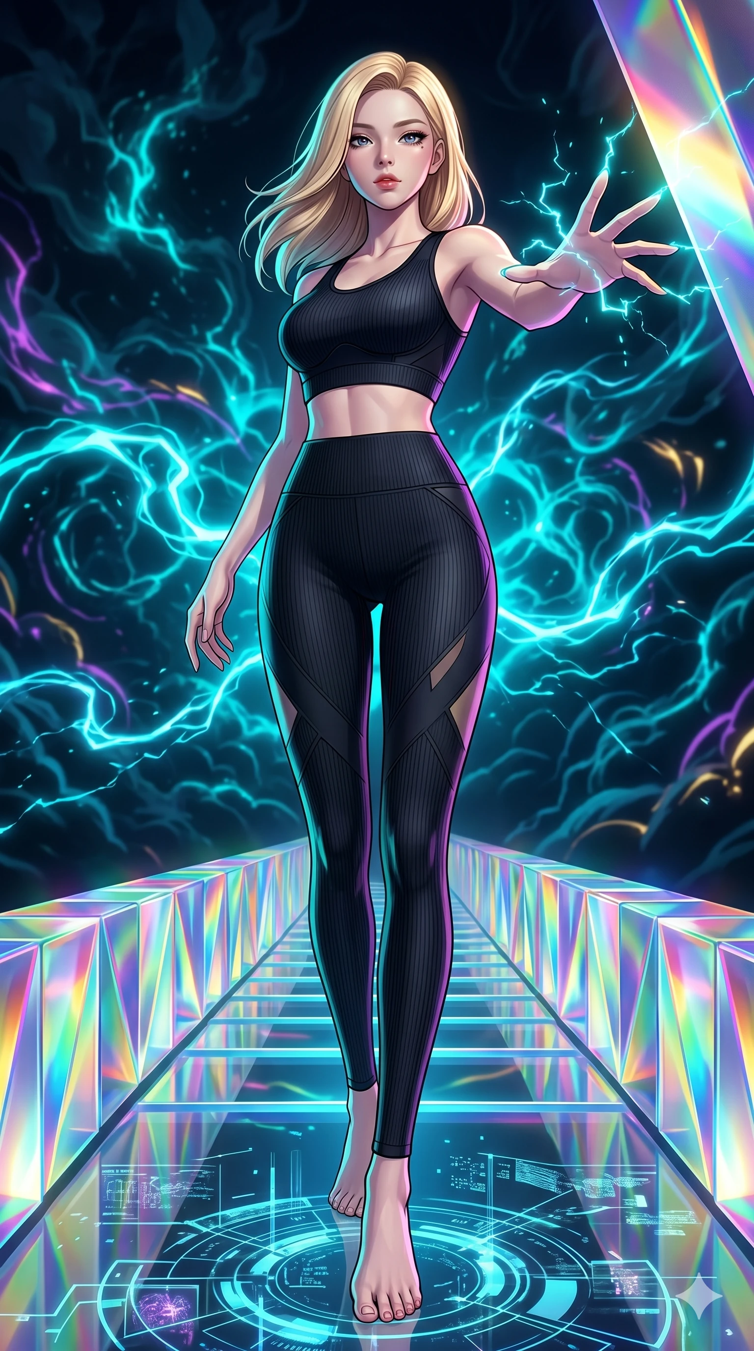 score_9, masterpiece, best quality, ultra-detailed, high-budget anime keyframe, editorial fashion photography, tasteful artistic composition, Korean woman. low angle full-body shot from head to toe showing her feet, filling the entire 9:16 vertical frame with her statuesque presence, stretching her vertical silhouette. reaching out to catch on a bridge made of rainbow prisms inside a digital cloud chamber while sparks of electric cyan light crackle around her fingertips. She has an absolutely perfect 8-heads proportion, an exceptionally tall and slender female figure with impossibly long slender legs and an ultra-slim waist. V-shaped jawline, high-bridge nose, intricate jewel-like eyes with depth, thick eyelashes, glossy lips with a natural sheen.. wearing a sleek ribbed-knit athleisure set, featuring sculpted matte black athletic top and high-waist leggings with tonal geometric cutout accents at the sides. accented by dynamic color-blocked lighting with high-contrast shadows emphasizing her statuesque height. 2k, ultra detail, master piece, 9:16 ratio
