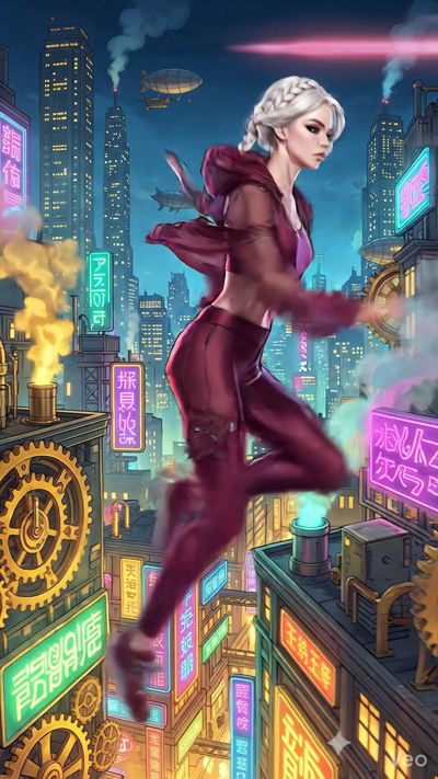 Dynamic action sequence in a vibrant steampunk city. A woman in maroon athletic gear leaps between industrial rooftops filled with glowing neon signs and rotating giant gears. Steam bursts from pipes as she performs a graceful mid-air jump. The camer