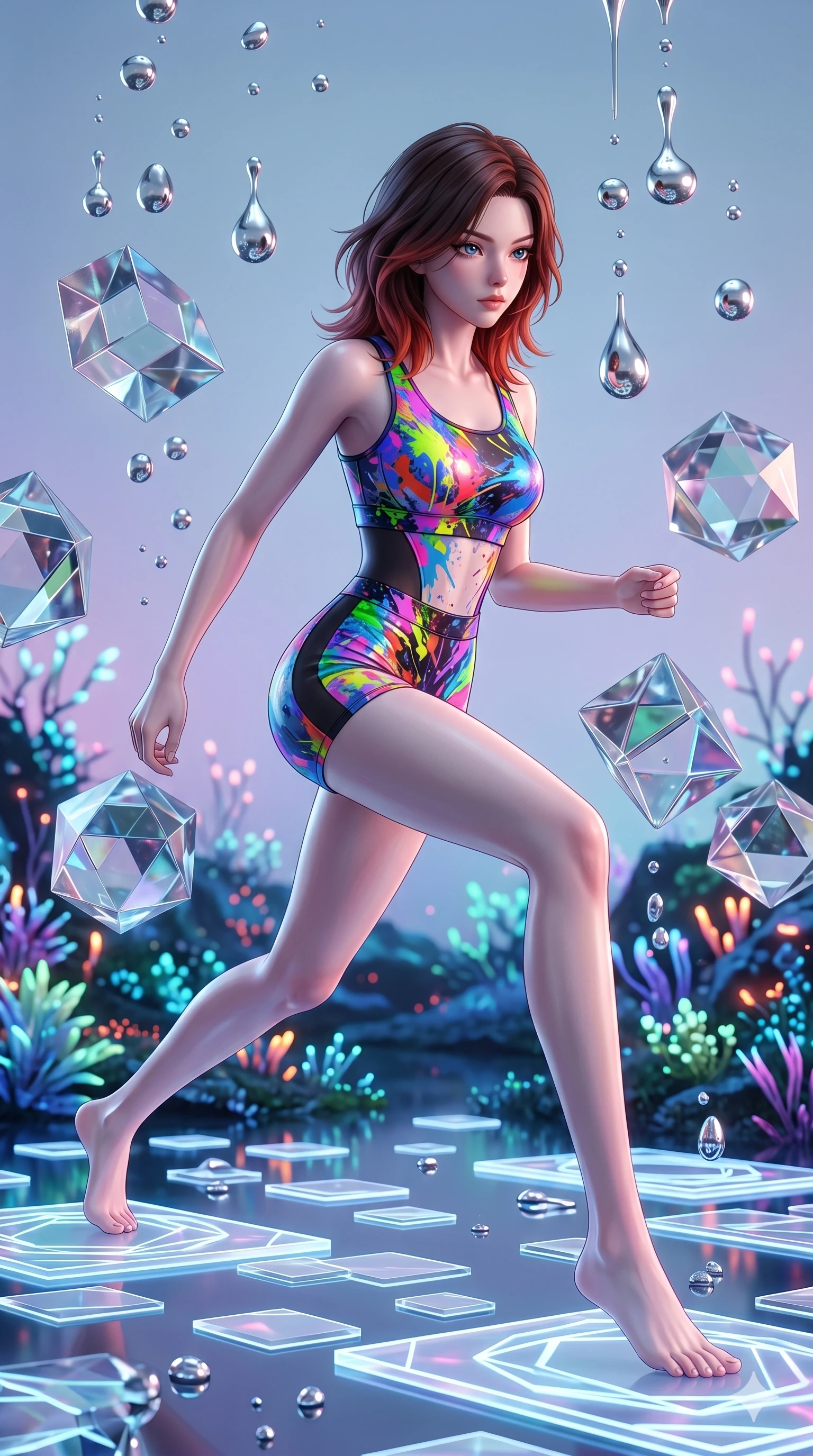 score_9, masterpiece, best quality, ultra-detailed, high-budget anime keyframe, editorial fashion photography, tasteful artistic composition, Korean woman. low angle full-body shot from head to toe showing her feet, filling the entire 9:16 vertical frame with her statuesque presence, stretching her vertical silhouette. lunging forward near through a digital wonderland filled with floating abstract glass sculptures while liquid mercury droplets float upward in zero gravity. She has an absolutely perfect 8-heads proportion, an exceptionally tall and slender female figure with impossibly long slender legs and an ultra-slim waist. V-shaped jawline, high-bridge nose, intricate jewel-like eyes with depth, thick eyelashes, glossy lips with a natural sheen.. wearing a liquid acrylic splash bodysuit, featuring a vivid fluorescent acrylic-paint-splattered structured athletic top with matching high-waist shorts and opaque side detailing. enhanced by the soft inner light of bioluminescent flora and neon embers in the background. 2k, ultra detail, master piece, 9:16 ratio