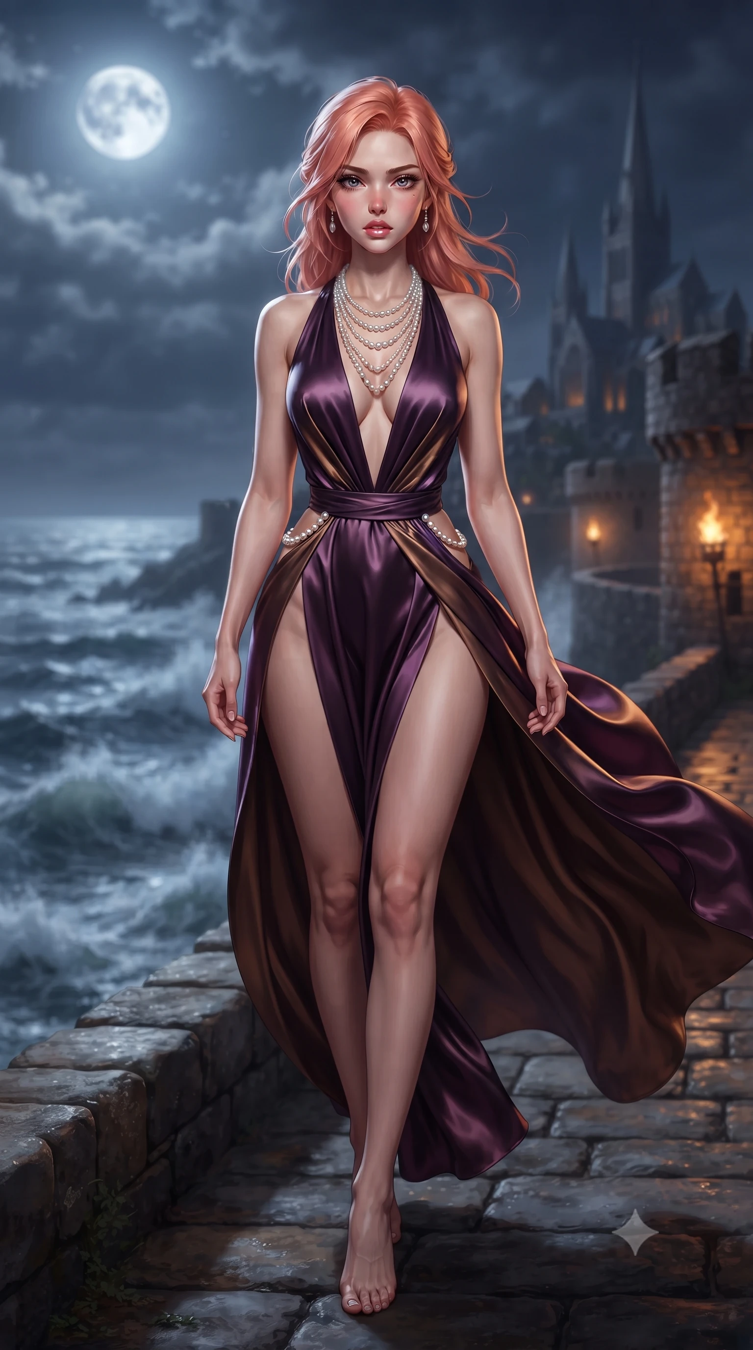 score_9, masterpiece, best quality, ultra-detailed, high-budget anime keyframe, editorial fashion photography, tasteful artistic composition, Japanese woman. low angle full-body shot from head to toe showing her feet, filling the entire 9:16 vertical frame with her statuesque presence, stretching her vertical silhouette. striding forward in a proud supermodel runway stride, hips swaying in an alluring kinetic rhythm that accentuates her curvy hourglass silhouette while standing poised on the high stone ramparts facing the surging ocean tide, arching her spine as Atlantic winds whip her dress around her curvy hips. The composition keeps background elements in soft focus with creamy bokeh. swirling Atlantic sea tide waters and soaring abbey spires blurred into deep indigo, foaming silver, and charcoal bokeh. She has an exceptionally tall and slender model-like 8.5-heads proportion, an ultra-slim waist, a flat toned midriff, narrow delicate ribcage, and beautifully sculpted feminine hips creating a graceful, slim hourglass silhouette without any bulky heaviness, with impossibly long slender legs. sharp v-shaped jawline, high-bridge nose, intricate jewel-like eyes with depth, thick eyelashes, glossy parted lips with a natural sheen, intensely captivating and seductive bedroom-eyes expression, flawlessly proportioned anatomical accuracy, strict slender model proportions, natural body alignment, perfectly sculpted long slender limbs, ultra-slim waistline, clean dynamic posture without body distortion. wearing a plunging-V neckline duchess satin gown with high side slits ascending to the high hip in deep plum violet and antique bronze, tailored from ultra-smooth duchess satin with a pearlescent sheen, accented with a multi-strand pearl back necklace cascading down her bare spine to her hips, the glove-like aerodynamic silhouette tightly following the natural contour of her hips and long slender legs with statuesque 8.5-heads elegance. bathed in cool silver full-moon light reflecting off the sea and warm amber fortress torchlight. ultra-reflective glossy finish, specular highlights, rich textural contrasts, high-contrast stereoscopic depth, volumetric dynamic lighting, 2k, ultra detail, master piece, 9:16 ratio
