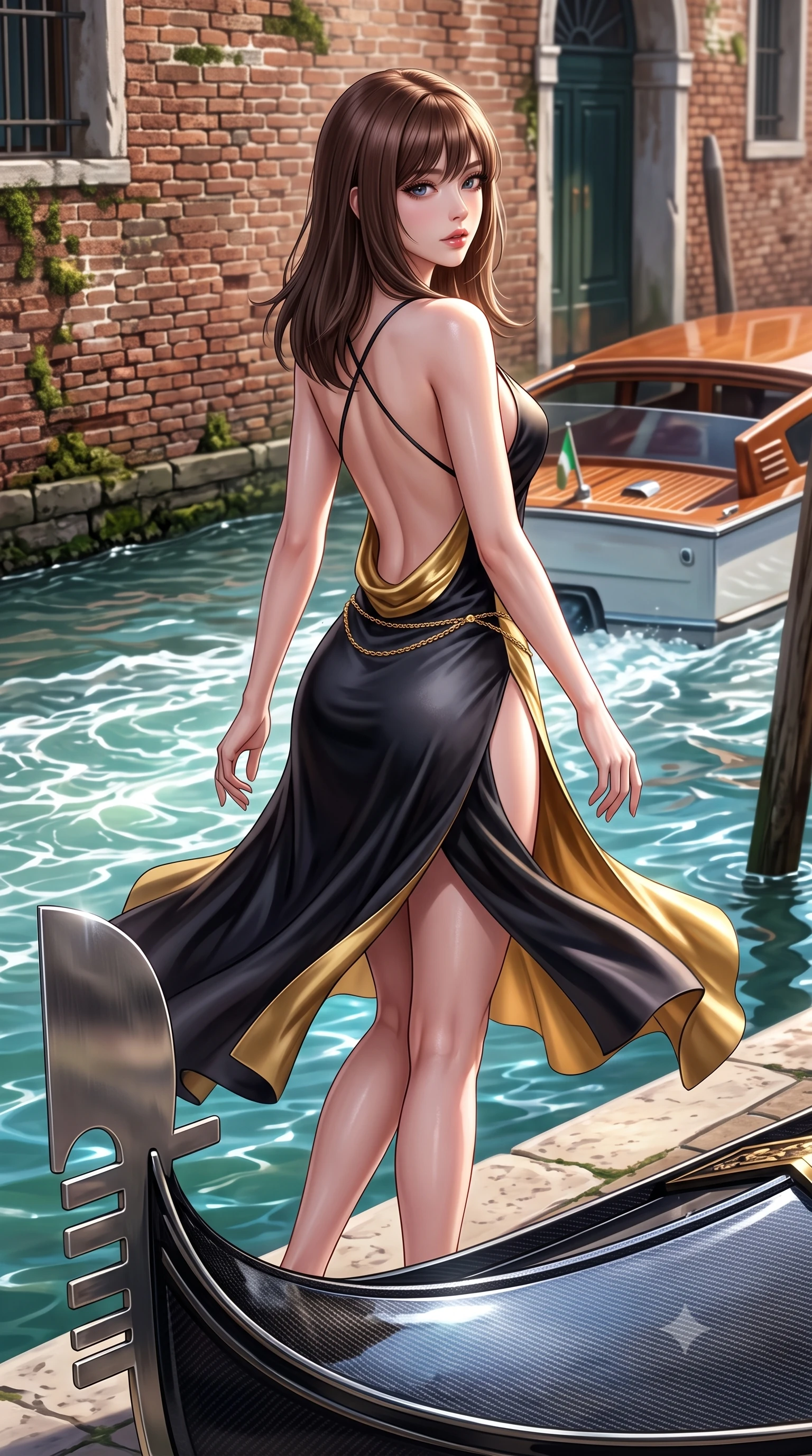 score_9, masterpiece, best quality, ultra-detailed, high-budget anime keyframe, semi-realistic 3D game render, editorial fashion photography, tasteful artistic composition, Korean woman. low angle full-body shot from head to toe showing her feet, filling the entire 9:16 vertical frame with her statuesque presence, stretching her vertical silhouette. executing an elegant mid-motion pivot turn as garments swirl around her slender limbs, glancing over her shoulder with an intoxicating bedroom-gaze while turning in an alluring contrapposto stance along the historic brick waterfront, her high-slit dress fluttering as passing electric watercraft stir luminous ripples. The surrounding environment is rendered in vivid detail and crisp panoramic clarity. sharp canal waterline caustics, polished carbon-fiber gondola prow, and ancient brick wall moss in deep focus. She has an exceptionally tall and slender model-like 8.5-heads proportion, an ultra-slim waist, a flat toned midriff, narrow delicate ribcage, and beautifully sculpted feminine hips creating a graceful, slim hourglass silhouette without any bulky heaviness, with impossibly long slender legs. sharp v-shaped jawline, high-bridge nose, intricate jewel-like eyes with depth, thick eyelashes, glossy parted lips with a natural sheen, intensely captivating and seductive bedroom-eyes expression, flawlessly proportioned anatomical accuracy, strict slender model proportions, natural body alignment, perfectly sculpted long slender limbs, ultra-slim waistline, clean dynamic posture without body distortion. wearing a backless cowl-neck satin slip dress featuring high-cut side hip slits and delicate criss-cross back straps in midnight obsidian black and liquid gold, formed from supple second-skin lambskin leather with specular sheen, accented with a delicate gold chain belt resting loosely on her curvy hips, the dramatically scooped open back descending to the base of her spine, accentuating her razor-sharp statuesque lines and slim hourglass silhouette. illuminated by shimmering water surface specular reflections accentuating her sculpted midriff, narrow waist, and curvy hips. highly saturated vibrant anime colors, detailed shading with soft gradients, rich glossy textures, high-contrast stereoscopic depth, volumetric dynamic lighting, master piece, 9:16 ratio