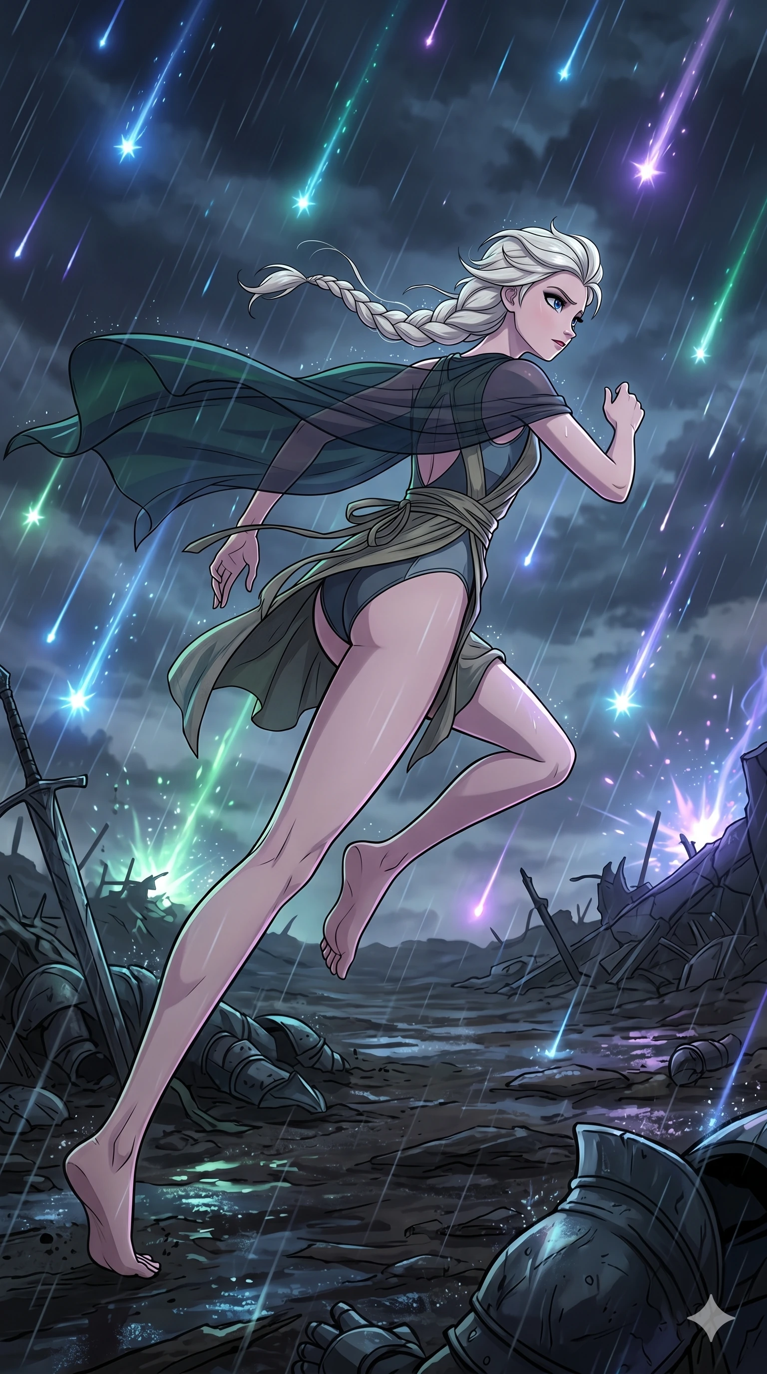 score_9, masterpiece, best quality, ultra-detailed, high-budget anime movie keyframe, cinematic anime lighting, intricate line art, Korean anime girl. Dynamic full-body shot stretching the vertical silhouette with extreme perspective. sprinting through a battlefield under a rain of falling stars. She has an absolutely perfect 8-heads proportion, an exceptionally tall and slender female figure with an ultra-slim waist and impossibly long slender legs. strictly human anatomy, two legs only, no extra limbs, clearly defined legs and arms, perfect anatomy, perfect hands and fingers. sharp v-shaped jawline, high-bridge nose, intricate jewel-like eyes, thick eyelashes, glossy lips. Wearing Seasonal/Resort: High-cut one-piece with sarong, linen sundress with tie-back, and sheer fabric wrap. The scene is illuminated by dramatic atmospheric lighting and vibrant color palettes. , 2k, ultra detail, master piece, 9:16 ratio