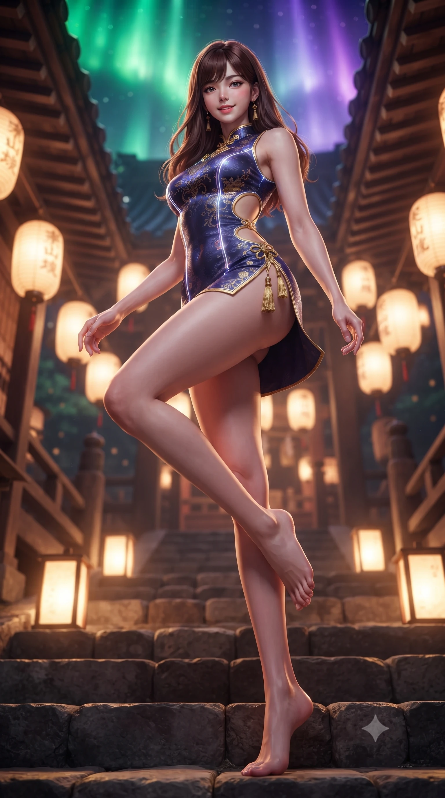 score_9, masterpiece, best quality, ultra-detailed, high-budget anime keyframe, editorial fashion photography, tasteful artistic composition, Korean woman. low angle full-body shot from head to toe showing her feet, filling the entire 9:16 vertical frame with her statuesque presence, stretching her vertical silhouette. pivoting dynamically with supreme athletic balance and poise, her impossibly long slender legs creating a breathtaking line while resting on ancient stone shrine steps surrounded by glowing paper lanterns with a serene, enchanting smile. The composition keeps background elements in soft focus with creamy bokeh. glowing stone lanterns and wooden shrine eaves softened in cinematic shallow depth of field. She has an absolutely perfect, statuesque 8.5-heads proportion, an exceptionally tall and slender model-like female figure with impossibly long slender legs, a toned flat midriff, and an ultra-slim waist. sharp v-shaped jawline, high-bridge nose, intricate jewel-like eyes with depth, thick eyelashes, glossy lips with a natural sheen, captivating and magnetic expression, flawlessly proportioned anatomical accuracy, strict slender model proportions, natural body alignment, perfectly sculpted long slender limbs, ultra-slim waistline, clean dynamic posture without body distortion. wearing a futuristic embroidered qipao mini dress with glowing fiber-optic seams and side cutouts in midnight indigo and glowing starlight gold, woven from lightweight fluid silk brocade with woven gold thread, accessorized with delicate gold bell tassels and braided silk cords, the sleek tailored cut tightly hugging her graceful clavicle, narrow waist, and feminine curves with statuesque precision. bathed in vibrant emerald and violet aurora light overhead and warm golden lantern uplights from below. ultra-reflective glossy finish, specular highlights, rich textural contrasts, high-contrast stereoscopic depth, volumetric dynamic lighting, 2k, ultra detail, master piece, 9:16 ratio