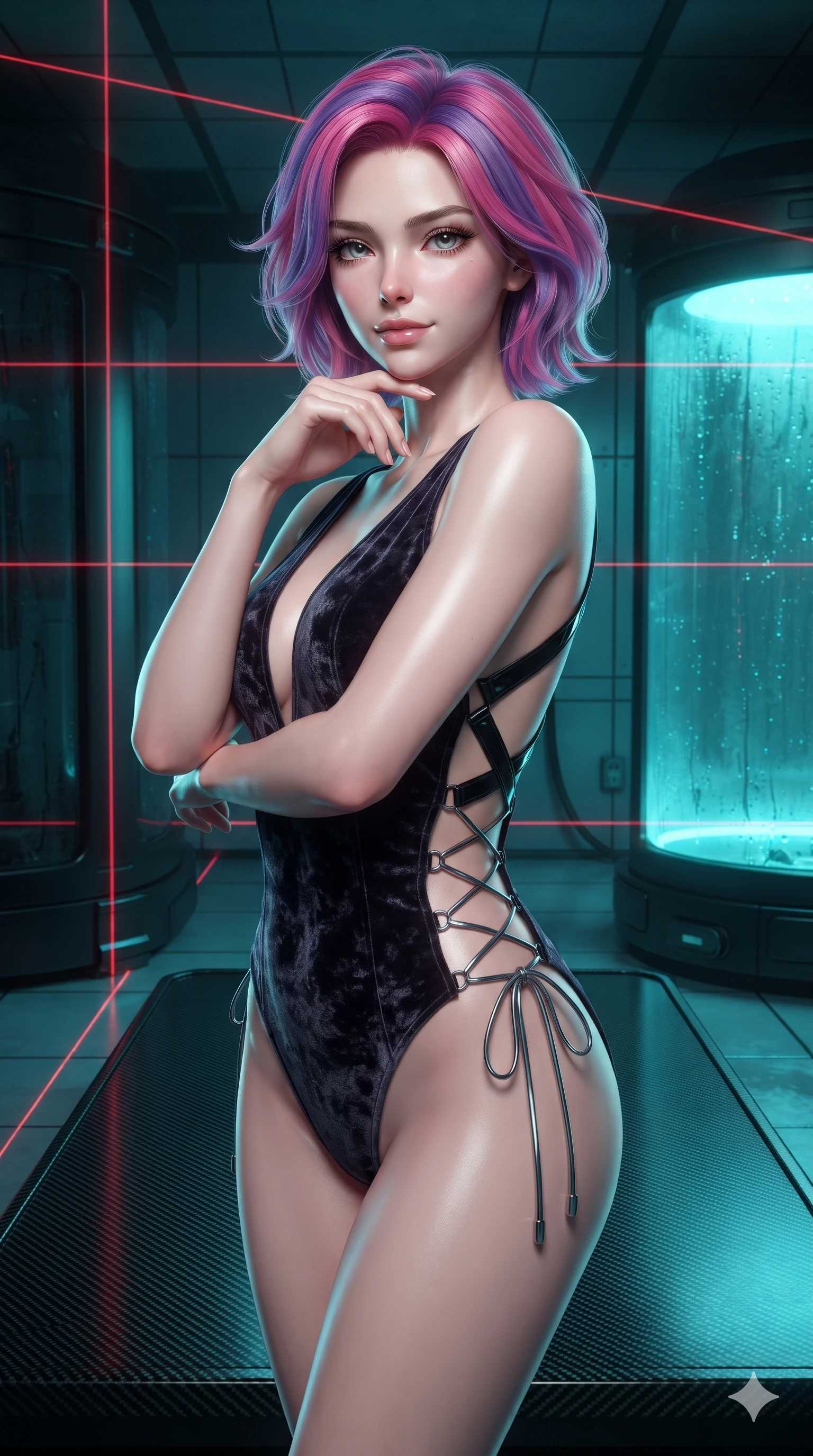 score_9, masterpiece, best quality, ultra-detailed, high-budget anime keyframe, editorial fashion photography, tasteful artistic composition, Caucasian woman. close-up cowboy shot from the waist and thighs up, the character dominates the composition, filling the frame with her large presence. resting her chin on the backs of her fingers with an air of effortless superiority and parted glossy lips while poised on a dark carbon-fiber platform while laser calibration grids scan the room, glowing cyan stasis fluid casting ethereal inner glow through dark glass. The surrounding environment is rendered in vivid detail and crisp panoramic clarity: sharp carbon-fiber platform weave, laser grid beam lines, and moisture condensation on stasis chamber glass in deep focus. She has an exceptionally elegant, slender, and willowy female figure with an ultra-slim waist, flat toned midriff, narrow ribcage, and sculpted feminine hips creating an alluring, slim hourglass silhouette without bulk. sharp v-shaped jawline, high-bridge nose, intricate jewel-like dark sparkling eyes with hypnotic seductive depth, thick curled eyelashes, glossy parted lips with a natural wine sheen, alluring bedroom-eyes with an enigmatic smoldering smile, exuding magnetic sovereign charisma and dark avant-garde glamour, flawlessly proportioned anatomical accuracy, strict slender model proportions, natural body alignment, perfectly sculpted long slender limbs, ultra-slim waistline, clean dynamic posture without body distortion. wearing a low-slung cutaway leather bodysuit with bare hip flanks and criss-cross cord ties in liquid mercury chrome and smoky quartz, tailored from crushed dark velvet with deep light-absorbing plush texture, featuring an open-back criss-cross harness strap in patent black leather, accentuating her gracefully sculpted slender torso and statuesque proportions. surrounded by a cool cybernetic aura with intense edge lighting and glowing cyan stasis backlights. ultra-reflective glossy finish, specular highlights, metallic sheen, high-contrast stereoscopic depth, volumetric dynamic lighting, 2k, ultra detail, master piece, 9:16 ratio