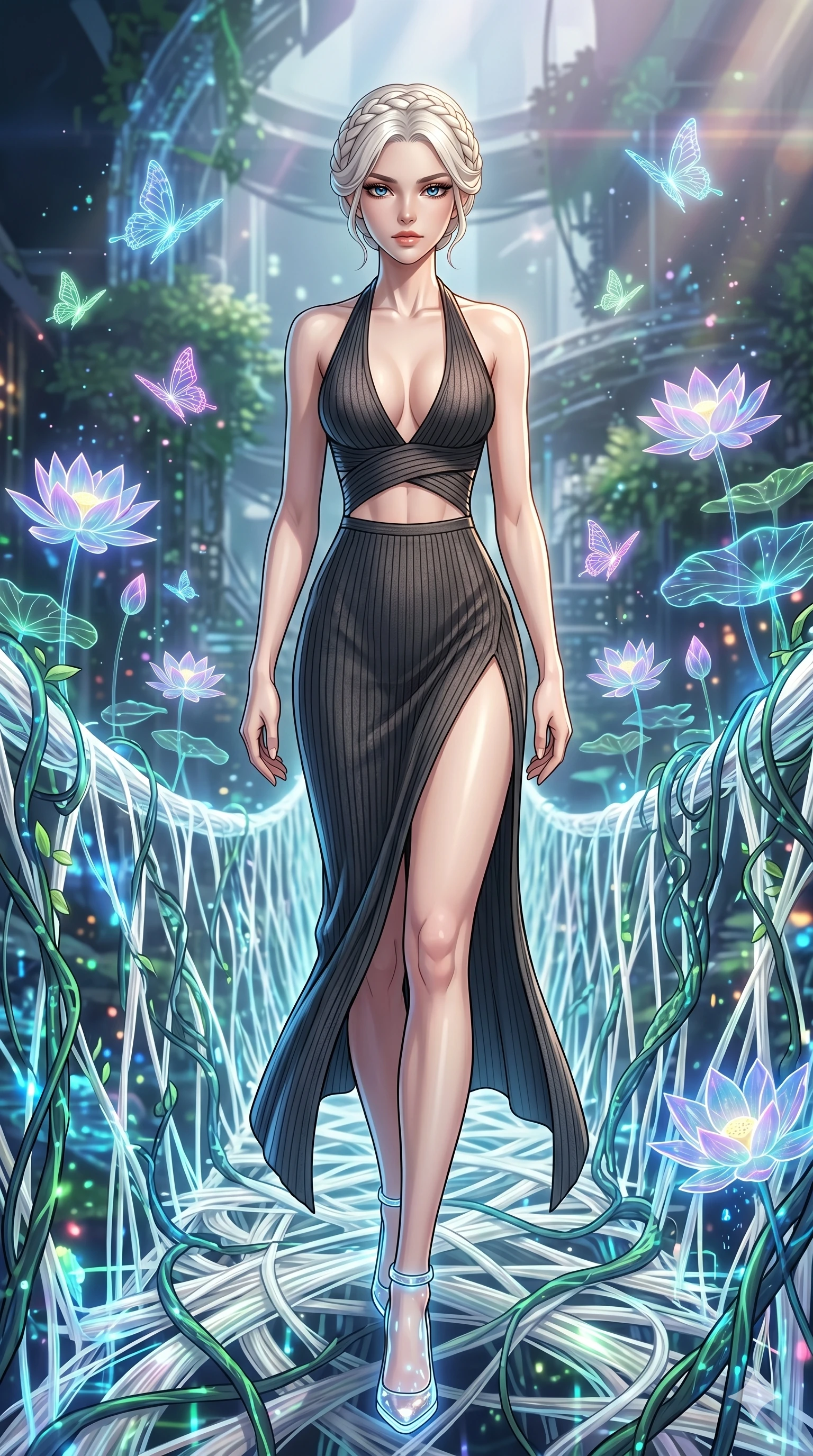 score_9, masterpiece, best quality, ultra-detailed, High-budget Anime Keyframe, vibrant colors, fluid line-art, expressive lighting, cinematic composition, Ufotable-style visual effects, top-tier animation quality, Caucasian woman with pale skin and refined features. Dynamic full-body shot stretching the vertical silhouette, capturing her from a powerful low-angle perspective. Walking across a bridge made of woven light and digital vines. She has an absolutely perfect 8-heads proportion, an exceptionally tall and slender female figure with impossibly long slender legs and an ultra-slim waist, her statuesque height and towering silhouette dominating the vertical 9:16 frame. Her face is a masterpiece featuring a sharp v-shaped jawline, high-bridge nose, intricate jewel-like eyes with depth, thick eyelashes, and glossy lips with a natural sheen. She is wearing a Ribbed knit bodycon midi dress with a deep-V neck halter top, featuring an exposed midriff and a dangerous high slit.. The scene is set in a digital garden filled with holographic lotus flowers and neon butterflies. 2k, ultra detail, master piece, 9:16 ratio