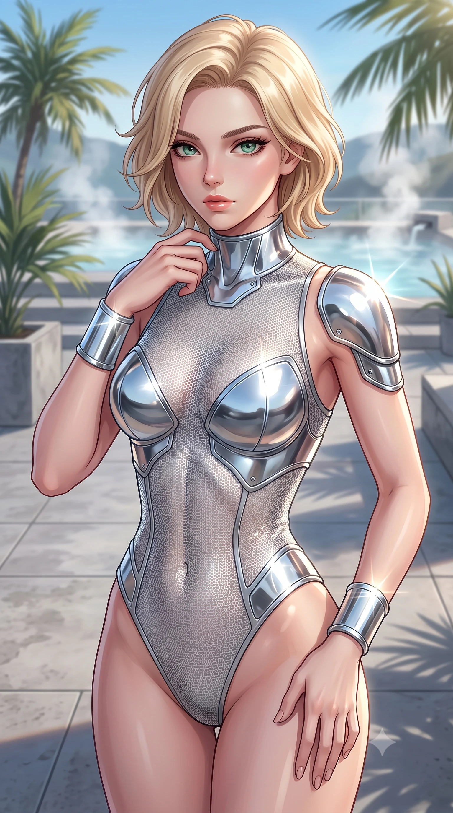 score_9, masterpiece, best quality, ultra-detailed, high-budget anime keyframe, editorial fashion photography, tasteful artistic composition, Caucasian woman. close-up cowboy shot from the waist and thighs up, the character dominates the composition, filling the frame with her large presence, background elements kept in soft focus. adjusting the high collar of her body-hugging suit, looking past the camera with quiet, sharp focus and a composed expression, the background shows a soft-focus a geothermal bath rooftop lounge patio with minimalist concrete tiles and palms. She has an exceptionally elegant, slender, and willowy female figure with an ultra-slim waist, a gracefully sculpted slender torso, and a refined silhouette. sharp v-shaped jawline, high-bridge nose, intricate jewel-like eyes with depth, thick eyelashes, glossy lips with a natural sheen. wearing a form-contouring delicate silver nano-mesh bodysuit with strategically placed chrome armor plate guards covering key curves. bright afternoon sun rays creating sharp reflections on her metallic cuffs. highly saturated vibrant anime colors, detailed shading with soft gradients, rich glossy textures, high-contrast stereoscopic depth, volumetric dynamic lighting, master piece, 9:16 ratio