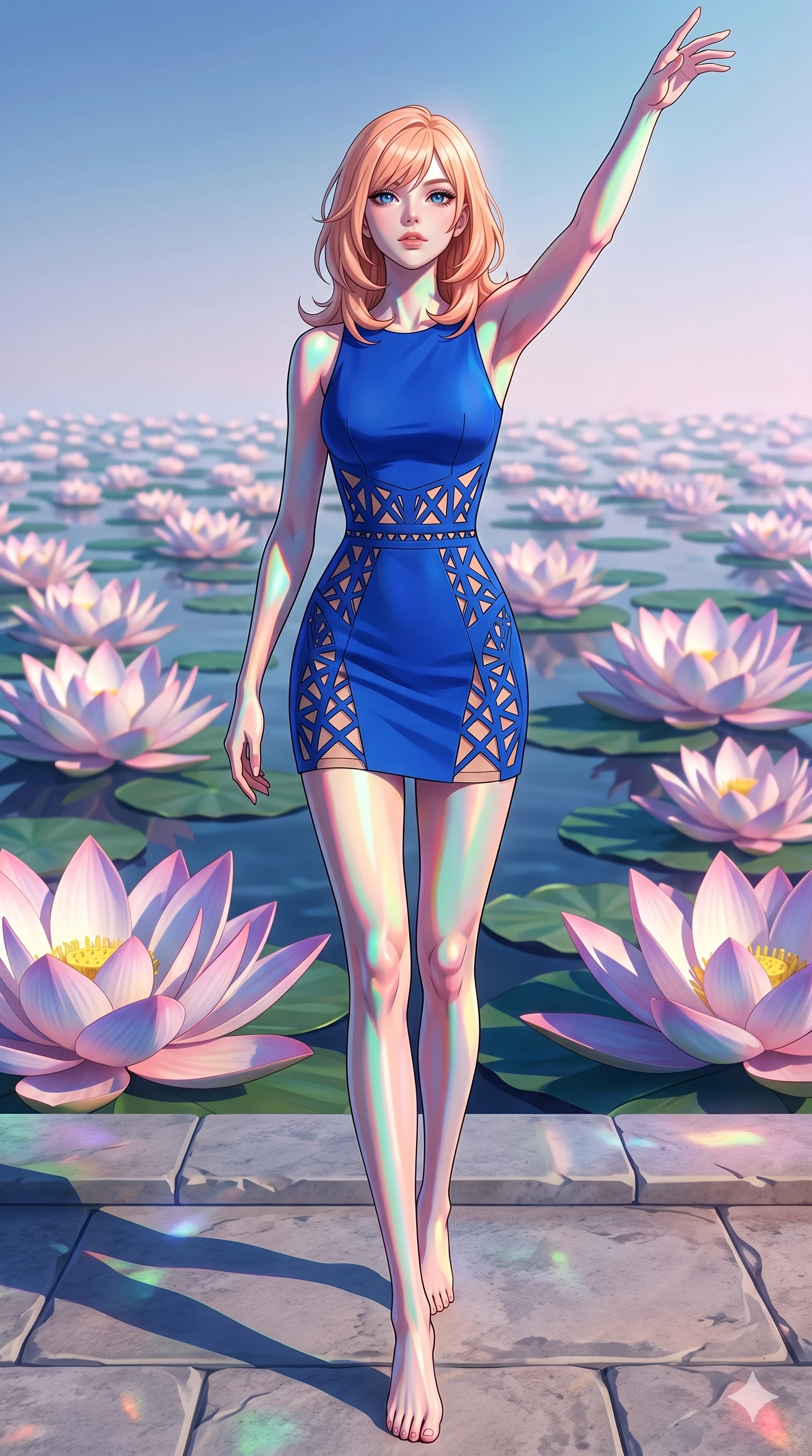 score_9, masterpiece, best quality, ultra-detailed, high-budget anime keyframe, editorial fashion photography, tasteful artistic composition, Japanese woman. low angle full-body shot from head to toe showing her feet, filling the entire 9:16 vertical frame with her statuesque presence, stretching her vertical silhouette. Gliding forward with one arm sweeping upward toward the sky atop a stone terrace overlooking an endless sea of giant floating lotus flowers. She has an absolutely perfect 8-heads proportion, an exceptionally tall and slender female figure with impossibly long slender legs and an ultra-slim waist. V-shaped jawline, high-bridge nose, intricate jewel-like eyes with depth, thick eyelashes, glossy lips with a natural sheen. wearing a cobalt blue structured mini dress featuring intricate laser-cut geometric patterns along the waist and hem, lined with nude-toned fabric. lit by high-contrast holographic projection lighting with vivid colored shadows that define her form. 2k, ultra detail, master piece, 9:16 ratio