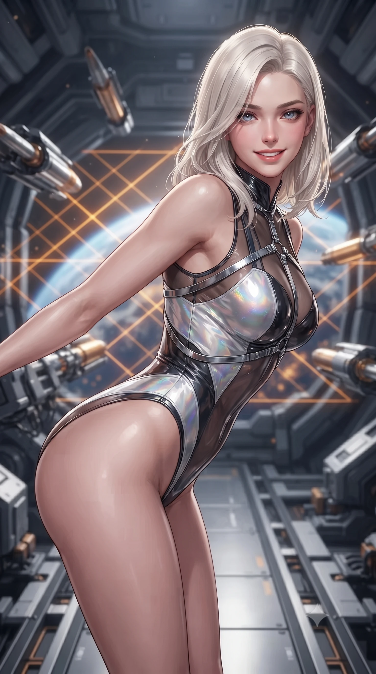 score_9, masterpiece, best quality, ultra-detailed, high-budget anime keyframe, editorial fashion photography, tasteful artistic composition, Caucasian woman. close-up cowboy shot from the waist and thighs up, the character dominates the composition, filling the frame with her large presence. leaning forward while arching her lower back to accentuate her curvy hips, looking into the camera with an intoxicating smoldering gaze and bedroom-eyes while standing poised on the magnetic guidance track in the cavernous zero-g armory, arching her spine with commanding haute-couture charisma as sleek armor-piercing sabots float in magnetic lock racks. The background shows a soft-focus floating kinetic railgun shells in zero-g magnetic cradles, criss-crossing amber laser scanning grids, and open hangar shields revealing blue Earth blurred into amber, cobalt, and onyx bokeh. She has an exceptionally elegant, slender, and willowy female figure with an ultra-slim waist, flat toned midriff, narrow ribcage, and sculpted feminine hips creating an alluring, slim hourglass silhouette without bulk. sharp v-shaped jawline, high-bridge nose, intricate jewel-like sparkling eyes with depth, thick eyelashes, glossy parted lips with a natural peach sheen, bright cheerful beaming smile with an enchanting and coquettish sensual glint, exuding both youthful cute charm and seductive allure, flawlessly proportioned anatomical accuracy, strict slender model proportions, natural body alignment, perfectly sculpted long slender limbs, ultra-slim waistline, clean dynamic posture without body distortion. wearing a provocative sheer-illusion tactical combat bodysuit with strategic metallic foil flocking and high-cut leg openings in iridescent mother-of-pearl and liquid molten silver, tailored from high-gloss patent leather with mirror-like specular highlights, accented with a chrome-drop body harness subtly framing her dewy collarbones and spine, the liquid-tight tailored fabric clinging flawlessly to her narrow waist and rounded feminine hips, emphasizing every millimeter of her sculpted slim hourglass curves without any bulky heaviness. bathed in crisp white 5000K inspection spotlights combined with glowing amber laser alignment grids. ultra-reflective glossy finish, specular highlights, rich textural contrasts, high-contrast stereoscopic depth, volumetric dynamic lighting, 2k, ultra detail, master piece, 9:16 ratio