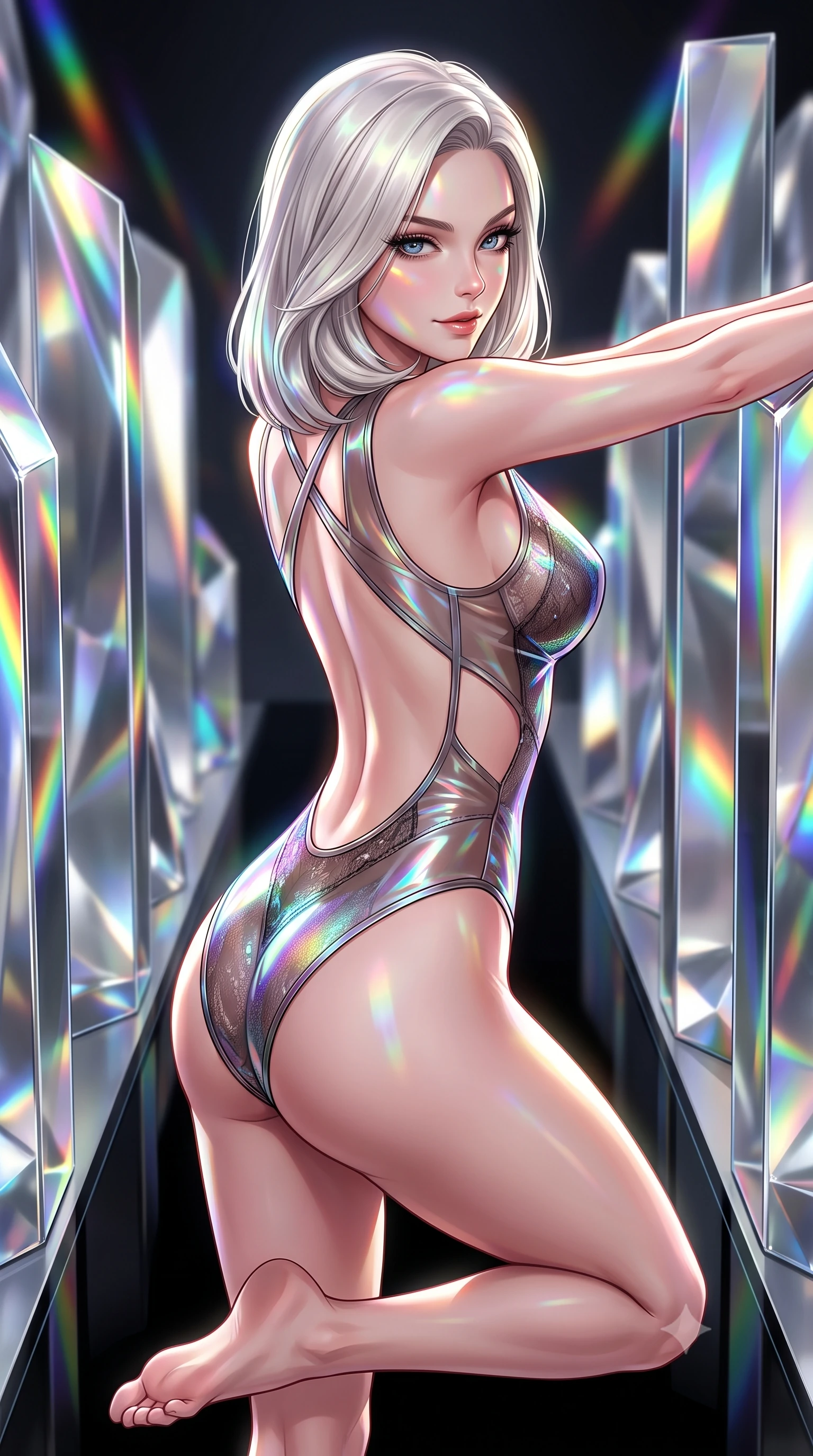 score_9, masterpiece, best quality, ultra-detailed, high-budget anime keyframe, semi-realistic 3D game render, editorial fashion photography, tasteful artistic composition, Caucasian woman. close-up cowboy shot from the waist and thighs up, the character dominates the composition, filling the frame with her large presence. stretching forward with an alluring arch of her spine, glancing over her shoulder with thick eyelashes and a smoldering half-smile while pivoting dynamically on a black mirror runway flanked by towering reflective chrome prisms. The composition keeps background elements in soft focus with creamy bokeh. shimmering silver prism facets and dark glass runways softened by shallow cinematic depth of field. She has an exceptionally elegant, slender, and willowy female figure with an ultra-slim waist, a gracefully sculpted slender torso, and a refined silhouette. sharp v-shaped jawline, high-bridge nose, intricate jewel-like eyes with depth, thick eyelashes, glossy lips with a natural sheen, flawlessly proportioned anatomical accuracy, natural body alignment, perfectly sculpted elegant limbs, clean dynamic posture without body distortion. wearing a high-cut translucent vinyl leotard with front paneling, exposed side-rib cutouts, and an open back in translucent smoky quartz and iridescent holographic sheen, crafted from delicate dark lace interwoven with luminescent micro-fibers, complemented by criss-cross back straps highlighting her completely bare spine, the liquid-tight fabric adhering flawlessly to her sculpted torso and slender silhouette. bathed in multi-colored rainbow prism spotlights and intense specular chrome highlights. highly saturated vibrant anime colors, detailed shading with soft gradients, rich glossy textures, high-contrast stereoscopic depth, volumetric dynamic lighting, master piece, 9:16 ratio